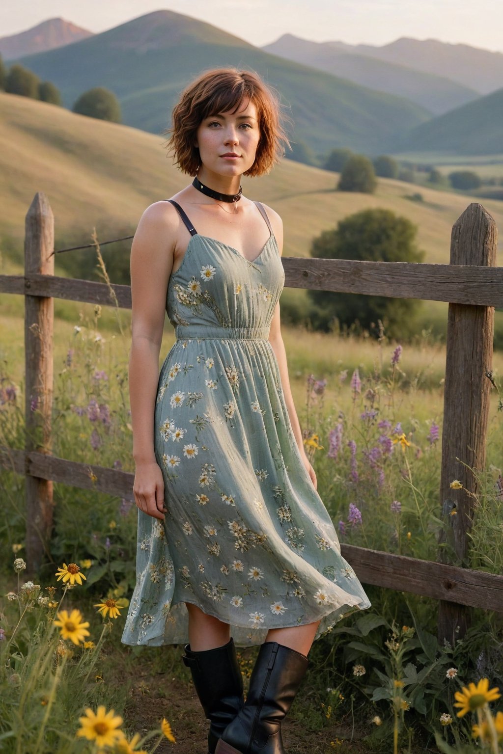 Young adult woman, (Caucasian ethnicity), slender build, (introspective expression), full-length pose, standing in (wildflower meadow), arms relaxed by sides, (long flowing green floral dress), (black choker necklace), (auburn bob haircut with bangs), facing camera, soft smile, (vintage leather boots), (golden hour lighting), (rustic wooden fence in the background), expansive blue sky, (hazy mountains in the distance), peaceful, natural setting, wide shot for environmental context.), looking away from the camera, serene atmosphere.
JuggernautNegative, Movie Still, Film Still, Cinematic, Cinematic Shot, Cinematic Lighting, badquality.
Aligned eyes,  Iridescent Eyes,  (blush,  eye_wrinkles:0.6),  (goosebumps:0.5),  subsurface scattering,  ((skin pores)),  (detailed skin texture),  (( textured skin)),  realistic dull (skin noise),  visible skin detail,  skin fuzz,  dry skin,  hyperdetailed face,  sharp picture,  sharp detailed,  (((analog grainy photo vintage))),  Rembrandt lighting,  ultra focus,  illuminated face,  detailed face,  8k resolution,Extremely Realistic, 