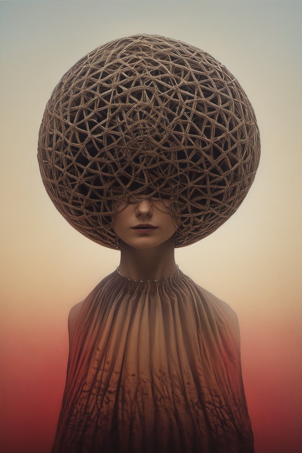 A The final scene presents a head encased in a spherical structure bristling with mechanical details. Wires or tubes extend from the head to the surrounding space, which resembles the interior of a grand yet desolate architectural space, possibly an abandoned futuristic temple or assembly. The image is a paradoxical mix of high couture in serene grace and dystopian complexity, inspired by Escher's paradoxical art and Gric's hyperrealistic style (gric style:1.15). The attire, flowing with Escher-inspired fabrics, shifts between soothing azure and ominous dark purples, accented with deep tones of red. This scene unfolds in a mystical garden that merges enchanting twilight hues with an eerie, moonlit forest ambiance. The model, positioned at the heart of this juxtaposition, wears an outfit that captures the ethereal beauty of serene dreams while echoing the sinuous lines of a nightmarish landscape. The surrounding foliage is lush yet ghostly, alive with a mix of tranquil and unsettling energies. The lighting, a blend of soft, ambient twilight and subtle, uncanny glows, casts the face in a light that is both tranquil and haunting. The expression captures a profound contemplation, an otherworldly elegance touched by a sense of dark, macabre beauty. This portrait, embodying both peaceful serenity and dark allure, plays with perspective and fluidity, contrasting the structured complexity of fashion with the effortless, albeit eerie, grace of nature. The color palette, rich in dark purples and varying shades of red, adds depth and intensity to this hyperrealistic
PORTRAIT PHOTO,stalker, very specific pose ,Gric, Aligned eyes,  Iridescent Eyes,  (blush,  eye_wrinkles:0.6),  (((textured skin))), (goosebumps:0.5),  subsurface scattering,  ((skin pores)),  (detailed skin texture),  (( textured skin)),  realistic dull (skin noise),  visible skin detail,  skin fuzz,  dry skin,  hyperdetailed face,  sharp picture,  sharp detailed,  (((analog grainy photo vintage))),  Rembrandt lighting,  ultra focus,  illuminated face,  detailed face,  8k resolution,