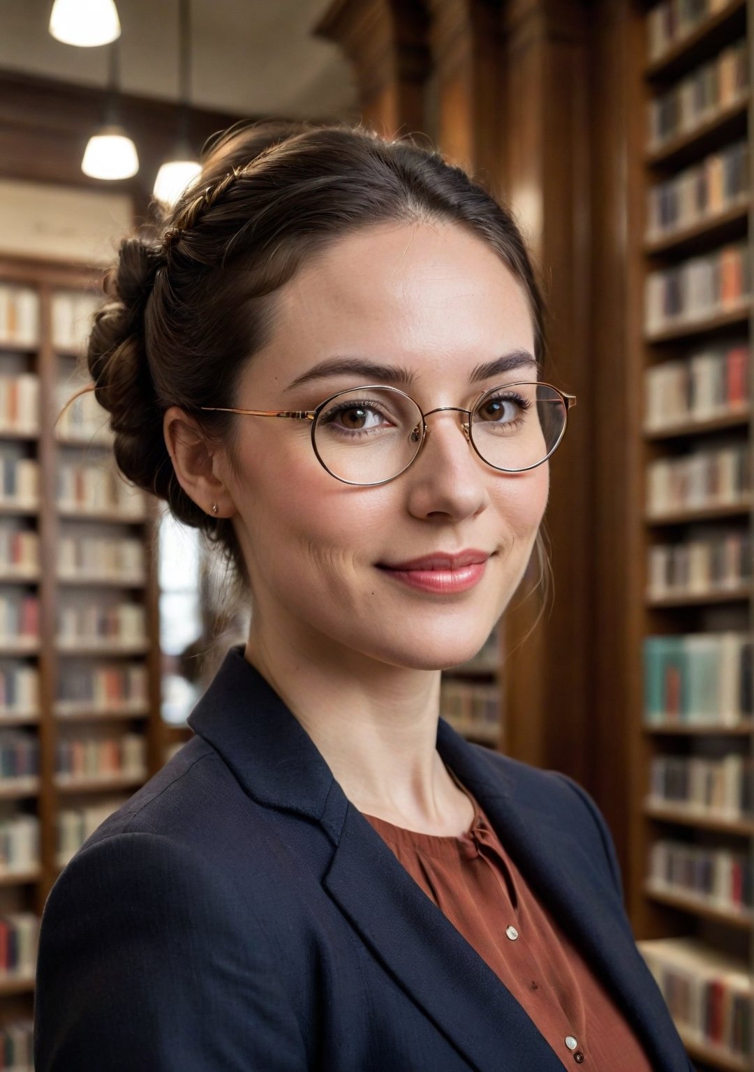 Public library view of an American librarian, 34 years old, embodying a blend of intellectual charm and understated allure, with a gentle, focused face, amidst the shelves of a bustling New York City library. She's organizing books, her movements precise and graceful, a soft, engaging smile on her lips as she assists a patron.

Her hair, a deep chestnut brown, is pulled up in a chic, loose bun, strands occasionally falling to frame her scholarly yet inviting face. Her eyes, keen and observant, glance up from her task, connecting warmly with those seeking her guidance, her lips curved in a helpful, alluring smile. She's wearing thin wireframed round glasses.

She has a slim, composed build. Dressed in a (smart, tailored blazer) over a (soft, pastel blouse) and (fitted trousers), her outfit is professional with a touch of personal style. Her feet, in (elegant, low-heeled shoes), carry her effortlessly between the rows of books, her presence a harmonious blend of knowledge, assistance, and subtle charm.
(skin blemishes), 8k uhd, dslr, soft lighting, high quality, film grain, Fujifilm XT3, high quality photography, 3 point lighting, flash with softbox, 4k, Canon EOS R3, hdr, smooth, sharp focus, high resolution, award winning photo, 80mm, f2.8, bokeh, (Highest Quality, 4k, masterpiece, Amazing Details:1.1), film grain, Fujifilm XT3, photography,
(imperfect skin), detailed eyes, epic, dramatic, fantastical, full body, intricate design and details, dramatic lighting, hyperrealism, photorealistic, cinematic, 8k, detailed face. Extremely Realistic, art by sargent, PORTRAIT PHOTO, Aligned eyes, Iridescent Eyes, (blush, eye_wrinkles:0.6), (goosebumps:0.5), subsurface scattering, ((skin pores)), (detailed skin texture), (( textured skin)), realistic dull (skin noise), visible skin detail, skin fuzz, dry skin, hyperdetailed face, sharp picture, sharp detailed, (((analog grainy photo vintage))), Rembrandt lighting, ultra focus, illuminated face, detailed face, 8k resolution
,photo r3al,Extremely Realistic,aw0k euphoric style,PORTRAIT PHOTO,Enhanced Reality