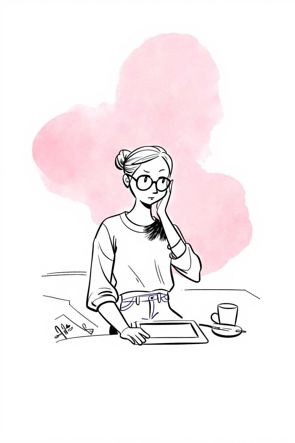 An editorial illustration of a woman dressed in a casual but chic outfit, sitting at her desk sketching on a large tablet. Her brow is furrowed in concentration, fingers gliding smoothly across the screen.

Appearance:
The woman wears a trendy blouse and jeans, her hair in a loose bun. She has a pair of stylish glasses perched on her nose, her body language absorbed in her work.

Setting:
A minimalist workspace with abstract lines suggesting the desk and tablet, scattered pencils and coffee mug on the side.

Mood:
Focused and calm, with a creative energy reflected in the soft lighting and pastel hues.

Era:
Contemporary.

Perspective:
Over-the-shoulder view, focusing on the tablet screen as she draws.

Background:
Chaotic painted blob in pale pink watercolor, with monochrome soft tints color palette.


. Style of satoshi hashimoto, satomic.