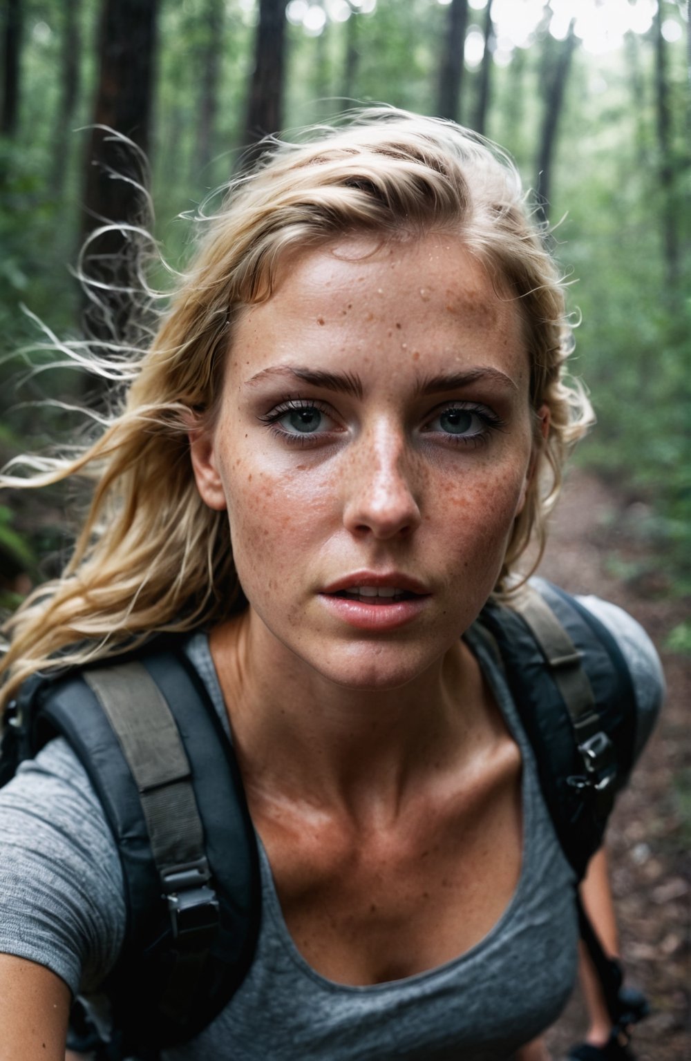 RAW photo, ((wide, establishing shot)), shot from below, middle aged blonde woman at night in the wood, selfie, dressed for trekking, backpack on back, summer, very hot weather, sweaty, jungle, frightened face, scared Expression, scared, very dark, analog, natural skin details, infrared photography, harsh flash, grainy, ((motion blur)), walking, tired, raining, messy
, at dusk, low lit, detailmaster2,

(((motion blur))), full body, from below, KNWLS, wide shot, distance, full-body, outside, unbalanced face, full body, highly detailed, dry skin, skin pores, looking away, detailed, run, analog, 50mm Leica, undershot, low shutter speed, super realistic, contrast, imperfect skin, soft light, (((side light))), dry skin, freckles, black fabric, wind, strangle, outdoor, High Fashion, model, vogue, RAW, contrast, 8k,
BREAK 
full body, distant shot, overshot, top shot, highly detailed, dry skin, skin pores, looking away, ((looking in the distance)), detailed, run, ((((analog)))), ((((low shutter speed)))), (((double exposure))) super realistic, contrast, imperfect, hard light, (((side light))), wind, strangle, agitated, High Fashion, model, vogue, RAW, contrast, androgynous, 8k, (natural skin texture, hyperrealism, soft light, sharp), (freckles:0.3), (acne:0.3), (messy hair:0.1), Cannon EOS 5D Mark III, 85mm, photo r3al, Extremely Realistic
