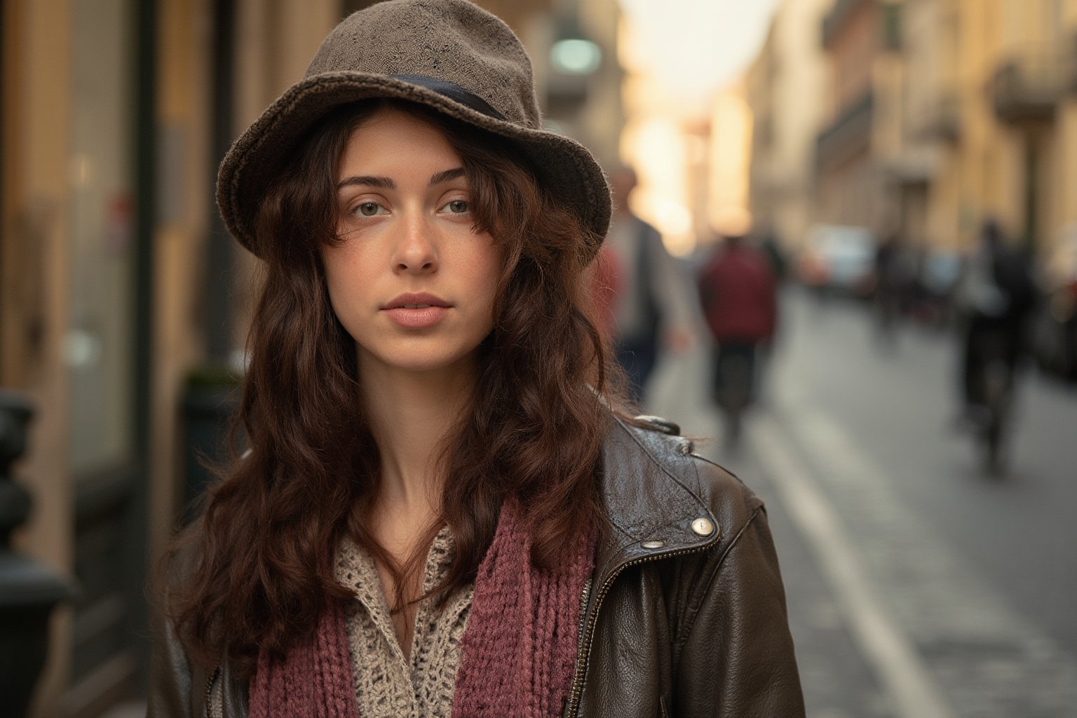 Photography in (steve mccurry style), an Italian woman, classic clothes,  cultural portrait, emotive humane photography, rich colors, analog film, film grain, kodachrome, intricate details, insanely detailed, natural lighting, 8k, hdr, masterpiece, award winning photography, Fine art photography style, film photography style. ((Very wide view, standing on the street in Italy, some people and cars, bikers in background))
The overall composition has a cinematic, feel, blending the nostalgia of classic paintings with every day life. flfmt
