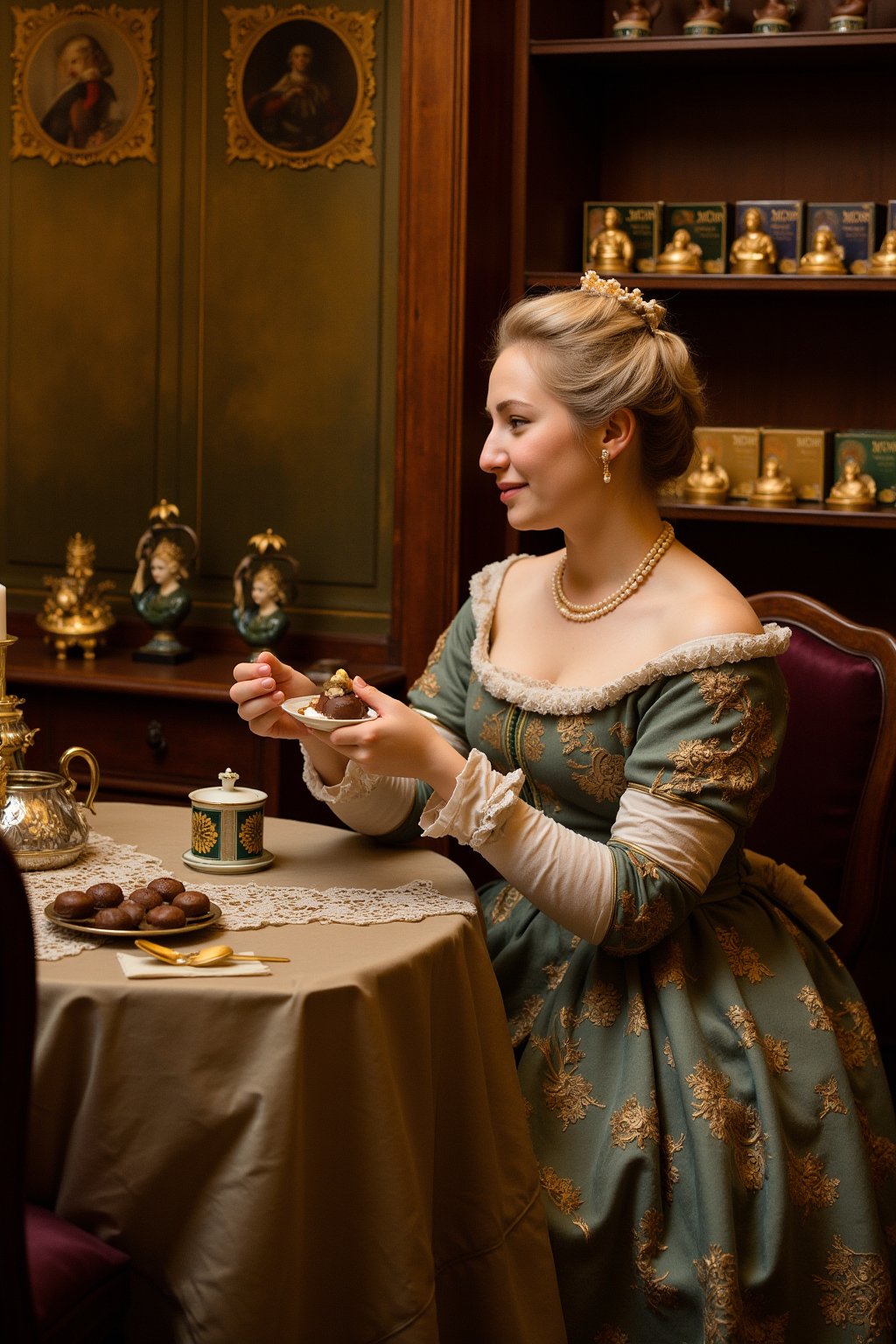 (A detailed 1770s scene of a woman inside a traditional Austrian Mozartkugel shop). The shop is rich with Mozart-themed decorations, featuring intricate portraits of Mozart and classical music notes painted on the walls. (Wooden shelves line the background, filled with gold and green packaging of Mozartkugel chocolates), showcasing the elegance and tradition of Austrian confectioneries. (The woman embodies 18th-century sophistication, her powdered hair styled in an elaborate updo, adorned with delicate ribbons and pearls.) She is dressed in a lavish rococo gown with fine embroidery, lace cuffs, and a cinched waist, representative of the aristocratic style of the time.

She is seated at a small, cozy table draped in a fine lace tablecloth, atop which rests a porcelain tea set and an ornate serving plate with more Mozartkugels. (In her hand, she delicately holds a piece of the famous chocolate, her fingers daintily gloved in white silk.) Her expression is one of delight and indulgence, as she prepares to savor the chocolate, her lips curved in subtle enjoyment. The (lighting is warm and golden, casting soft, inviting shadows around the room, giving the shop a romantic and cozy atmosphere). (Behind her, the shelves are filled with beautifully wrapped chocolates, stacked elegantly next to Mozart-themed souvenirs, like busts of the composer and music sheets.)

The scene captures both the quaint charm of a historic candy shop and the refined, opulent details of 18th-century Austrian aristocratic culture. They dress in high-quality and elegant attire, showcasing their social status, Rich and luxurious colors adorn their clothing and surroundings, reflecting their financial stability and appreciation for the finer things in life.
Scene and lighting, photo is from 1770 clearly very old and reflects it's age and colours. 
. The warm, soft lighting accentuates everyone's  features, giving the photograph a timeless, ethereal quality.,perfect eyes,skin blemish,detailed skin, flfmt