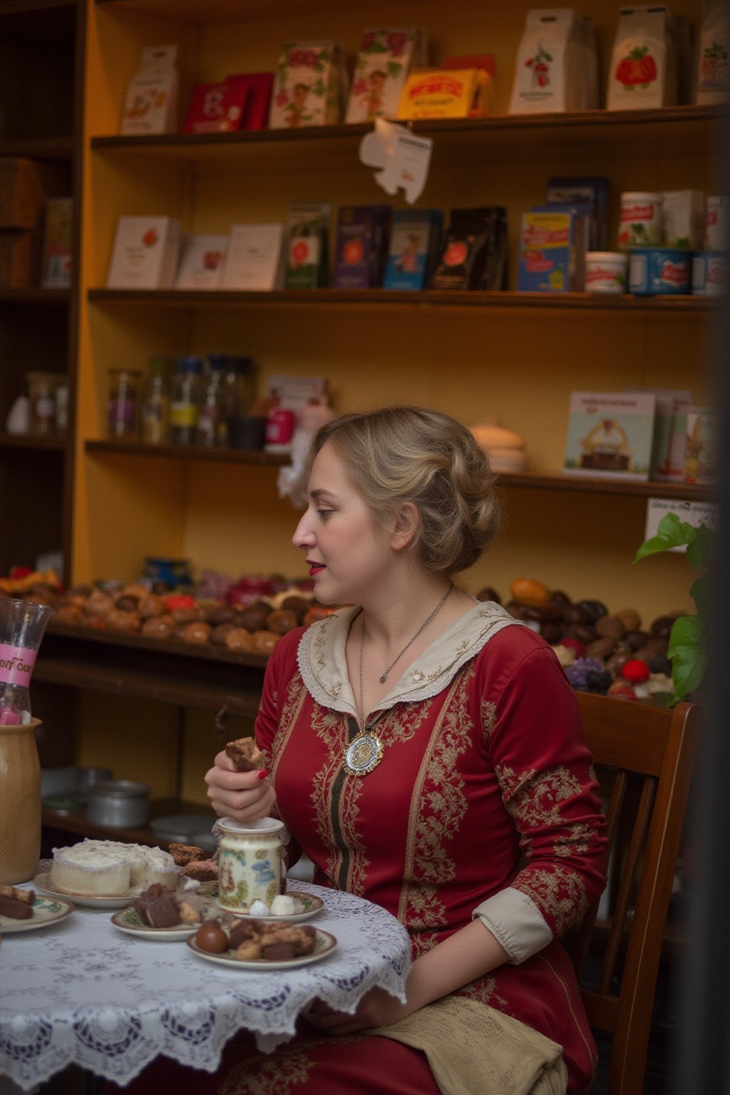 A 1770s photo of a woman sitting inside a charming, traditional Austrian Mozartkugel( Mozart Candy) shop. The shop should be adorned with Mozart-themed decorations, showcasing an array of these famous chocolates. The woman is elegantly dressed, embodying a sophisticated and classical style, reminiscent of the Mozart era. She is seated at a small, cozy table, elegantly set with fine china and a lace tablecloth. In her hand, she is delicately holding a piece of Mozartkugel chocolate, poised to take a bite. Her face is clearly visible, showing a look of delight and enjoyment as she savors the chocolate. The background should include shelves filled with beautifully packaged Mozartkugel chocolates and other Mozart-themed souvenirs. The lighting should be warm and inviting, enhancing the cozy atmosphere of the shop. 
 They dress in high-quality and elegant attire, showcasing their social status, Rich and luxurious colors adorn their clothing and surroundings, reflecting their financial stability and appreciation for the finer things in life.
Scene and lighting, photo is from 1770 clearly very old and reflects it's age and colours. 
. The warm, soft lighting accentuates everyone's  features, giving the photograph a timeless, ethereal quality.,perfect eyes,skin blemish,detailed skin, flfmt