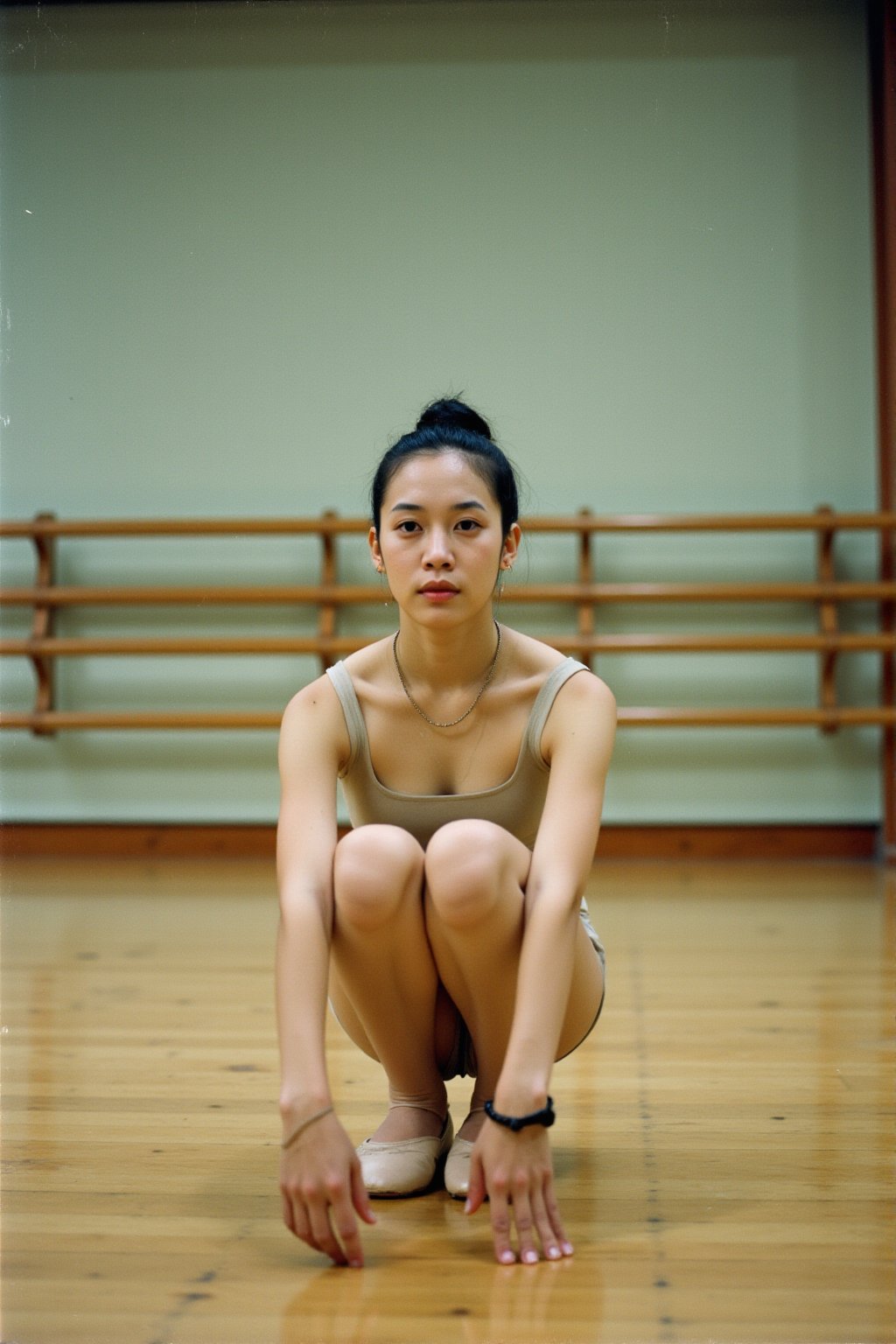 Amateur photography, Casual, noise, high contrast, nice colors, slight motion blur, jpeg artifacts, on flickr in 2007, ,photorealism,realistic lighting, 

long shot of a polaroid girl, with her hair ballerina bun look at me in a squatting position on a polish wooden floor in a ballet rehearsal hall in Japan, wearing in a beige ballet practice wear and toe shoes, front view, in the style of oshare kei, tagging and marking style, fairy academia, konica auto s3, enamel, letterboxing, 1st version

, in the style of esao andrews,inst4 style, cinematic moviemaker style,vertical,
,detailed skin, flfmt,raw_photo,flmft,flmft style