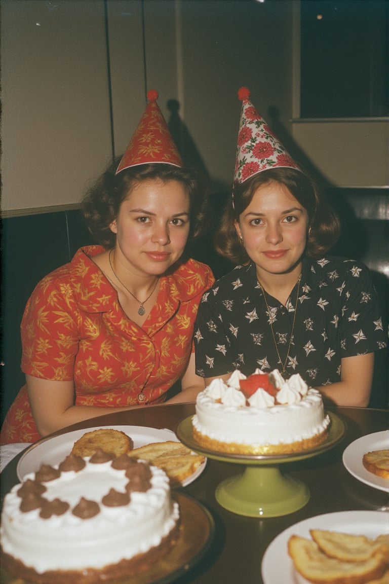 This woman also wears a party hat and looks directly into the camera, with a similarly serious expression. She’s in a diner or a room with curtains, reinforcing the casual, everyday setting.
Appearance: Her outfit is similar in style, with bold geometric patterns. The colors in her clothing and the party décor again evoke a retro feel.
Mood: There’s a dissonance between the celebratory event and her unimpressed or tired look, as though she’s not emotionally present at the party.

Setting: photo take in an indoor setting, a diner or casual restaurant, with the booth seating and tables. This picture is taken in a vintage atmosphere, likely from the mid-20th century.
Era: the images are likely from the 1960s to 1970s, leaning towards a retro aesthetic with accompanying clothes, hairstyles, and color tones from that era. 
Perspective: The perspective is straightforward, with medium close-up shots of the individual sitting in front of birthday cakes. The camera focuses on their facial expressions, centering them within the frame.
Scene: the scene represents a birthday celebration, but the mood is melancholic or indifferent, a stark contrast to the festive atmosphere usually associated with birthdays.
Camera & Lighting: The images appear to have been shot on film, likely with a mid-century camera. The lighting seems natural or minimally artificial, with no harsh shadows, creating a soft but slightly muted vintage look.
flfmt