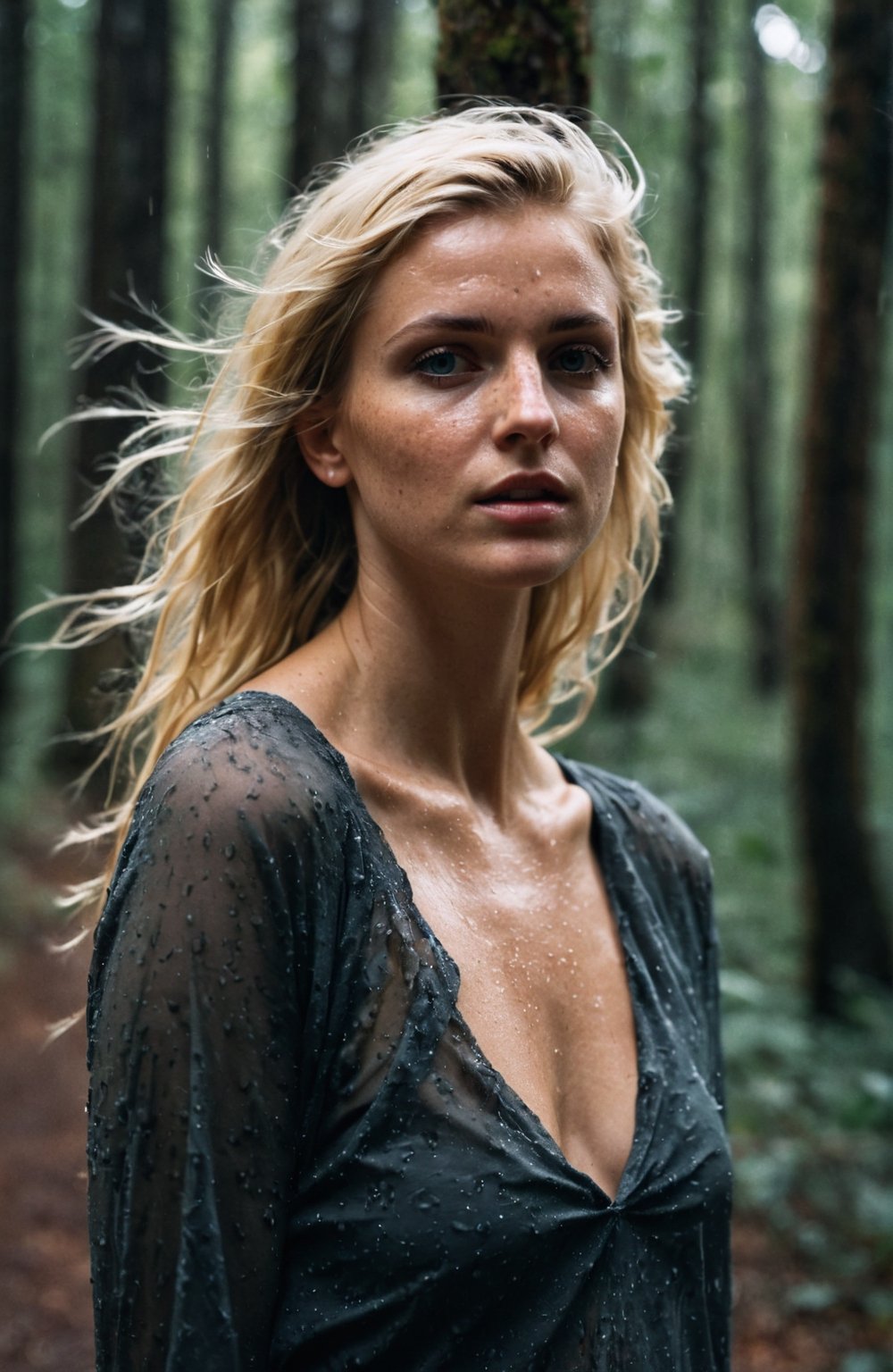 RAW photo, ((wide, establishing shot)), middle aged blonde woman at night in the wood, selfie, dressed for trekking, summer, very hot weather, sweaty, jungle, frightened, scared, very dark, analog, natural skin details, infrared photography, harsh flash, grainy, ((motion blur)), walking, tired, raining, messy
, night time, at dusk, low lit, detailmaster2,

(((motion blur))), full body, from below, KNWLS, wide shot, distance, full-body, outside, unbalanced face, full body, highly detailed, dry skin, skin pores, looking away, detailed, run, analog, 50mm Leica, undershot, low shutter speed, super realistic, contrast, imperfect skin, soft light, (((side light))), dry skin, freckles, black fabric, wind, strangle, outdoor, High Fashion, model, vogue, RAW, contrast, 8k,
BREAK 
full body, distant shot, overshot, top shot, highly detailed, dry skin, skin pores, looking away, ((looking in the distance)), detailed, run, ((((analog)))), ((((low shutter speed)))), (((double exposure))) super realistic, contrast, imperfect, hard light, (((side light))), wind, strangle, agitated, High Fashion, model, vogue, RAW, contrast, androgynous, 8k, (natural skin texture, hyperrealism, soft light, sharp), (freckles:0.3), (acne:0.3), (messy hair:0.1), Cannon EOS 5D Mark III, 85mm, photo r3al, Extremely Realistic
