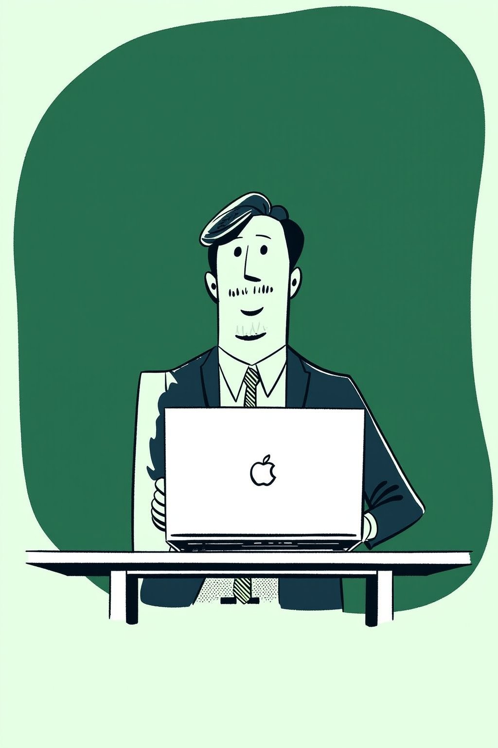 A cartoon illustration of a man in a business suit working late at night on his laptop, seated at his minimalist desk. His face is illuminated by the screen, eyes focused on the task. Minimal abstract lines depict the office space, with a muted green watercolor blob background. Monochrome cool soft tints color palette. Style of satoshi hashimoto, satomic.