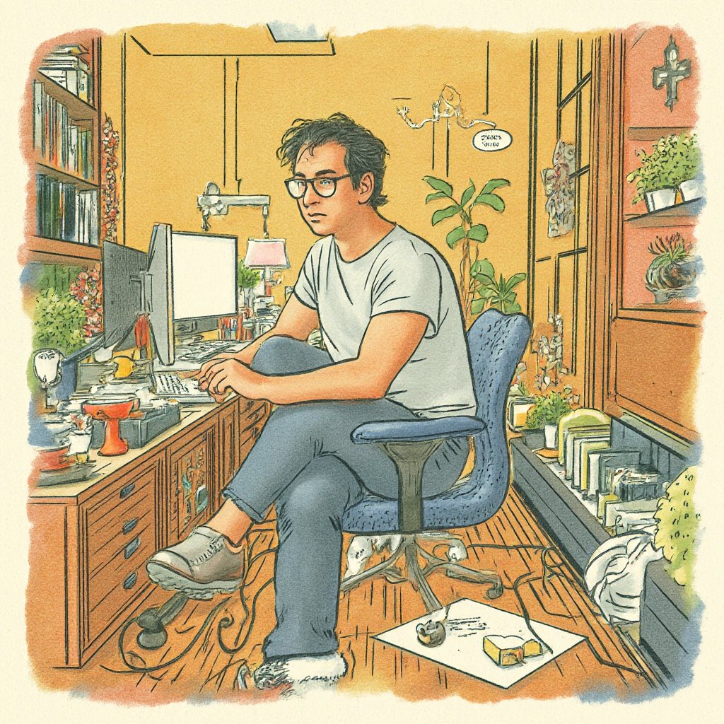 (((detailed colorful illustration))) by lmendo, depicting tmhrmns,

medium shot of Tom, tmhrmns, with caucasian skin, standing in his home office. The scene is pretty light. The soft focus is accentuated by a slight film grain, giving the image a nostalgic, textured feel. The color palette is vibrant, with his clothes, t-shirt and jeans, standing out against the muted, earthy tones of background. Tom's round dark-rimmed glasses give him a confident look. Tom's determined expression conveys his dedication to mastering his various tasks. As the camera pans out, the worn, wooden walls of the scene fade into the background, immersing the viewer in the protagonist's world. The overall mood is one of creative fervor, capturing the essence of the fast-paced, multi-faceted life of a modern professional.