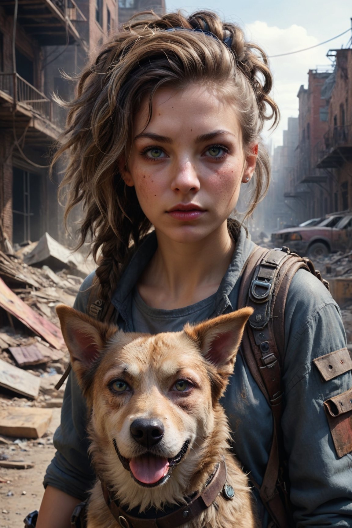 dystopian art, 18yo girl, a survivor of post-apocalypse, walking her dog in the abandoned city, beautiful face with messy hair and gear, DnD, in the style of realistic and hyper-detailed renderings, dungeons and dragons, 8k, detailed eyes, epic , dramatic , fantastical, full body , intricate design and details, dramatic lighting, hyperrealism, photorealistic, cinematic, 8k, detailed face. Extremely Realistic, art by sargent, PORTRAIT PHOTO, 
Aligned eyes,  Iridescent Eyes,  (blush,  eye_wrinkles:0.6),  (goosebumps:0.5),  subsurface scattering,  ((skin pores)),  (detailed skin texture),  (( textured skin)),  realistic dull (skin noise),  visible skin detail,  skin fuzz,  dry skin,  hyperdetailed face,  sharp picture,  sharp detailed,  (((analog grainy photo vintage))),  Rembrandt lighting,  ultra focus,  illuminated face,  detailed face,  8k resolution,Extremely Realistic