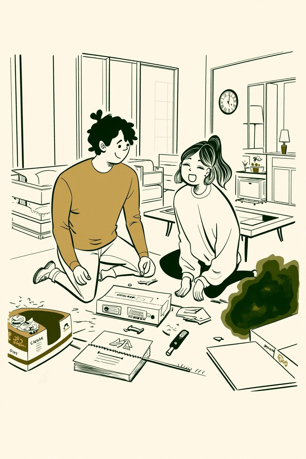 An editorial illustration of a couple sitting on the floor, assembling furniture inside their apartment. Instructions and tools are scattered around, and both laugh in frustration at their confusion.

Appearance:
The man wears a plain t-shirt and jeans, while the woman is dressed in leggings and a sweatshirt. Both are barefoot, with their hair slightly messy from working.

Setting:
A small, bright apartment with abstract lines hinting at partially assembled furniture, a coffee table, and boxes of parts strewn around.

Mood:
Lighthearted and humorous, the scene conveys the chaos and joy of home-building together. Warm tones and soft lighting enhance the cozy atmosphere.

Era:
Contemporary.

Perspective:
Over-the-shoulder view, focusing on the instructions and tools as they figure out the next steps.

Background:
Chaotic painted blob in dark green watercolor, with monochrome warm soft tints color palette.
. Style of satoshi hashimoto, satomic.