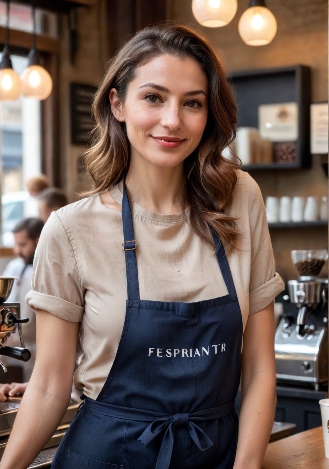 Café view of a French barista, 27 years old, combining everyday charm with a hint of seductive flair, with a warm, engaging face, working behind the counter of a quaint Parisian coffee shop. She's preparing an espresso, her movements fluid and inviting, a playful smile playing on her lips as she engages with customers.

Her hair, shoulder-length and chestnut brown, is styled in a loose, effortless wave, giving her a relaxed yet enticing look. Her eyes, bright and flirtatious, meet those of her customers, sharing a moment of connection, her lips parting in a friendly, captivating smile.

She has a slim, approachable build. Dressed in a (stylish, form-fitting apron) over a (casual, chic blouse) and (skinny jeans), her outfit is both practical for her job and subtly alluring. Her feet, in (comfortable, fashionable sneakers), move easily around the café, her presence a blend of professional efficiency and playful charm.
(skin blemishes), 8k uhd, dslr, soft lighting, high quality, film grain, Fujifilm XT3, high quality photography, 3 point lighting, flash with softbox, 4k, Canon EOS R3, hdr, smooth, sharp focus, high resolution, award winning photo, 80mm, f2.8, bokeh, (Highest Quality, 4k, masterpiece, Amazing Details:1.1), film grain, Fujifilm XT3, photography,
(imperfect skin), detailed eyes, epic, dramatic, fantastical, full body, intricate design and details, dramatic lighting, hyperrealism, photorealistic, cinematic, 8k, detailed face. Extremely Realistic, art by sargent, PORTRAIT PHOTO, Aligned eyes, Iridescent Eyes, (blush, eye_wrinkles:0.6), (goosebumps:0.5), subsurface scattering, ((skin pores)), (detailed skin texture), (( textured skin)), realistic dull (skin noise), visible skin detail, skin fuzz, dry skin, hyperdetailed face, sharp picture, sharp detailed, (((analog grainy photo vintage))), Rembrandt lighting, ultra focus, illuminated face, detailed face, 8k resolution
,photo r3al,Extremely Realistic,aw0k euphoric style,PORTRAIT PHOTO,Enhanced Reality