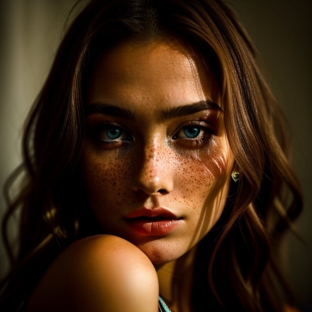 grunge style photograph of ginger female instagram model close up, beautiful, long curly hair, noticable face freckles, big blue eyes, wealthy jawellery, full lips, biting a fingertip, alluring, distressed, vintage, textured, shade plays 