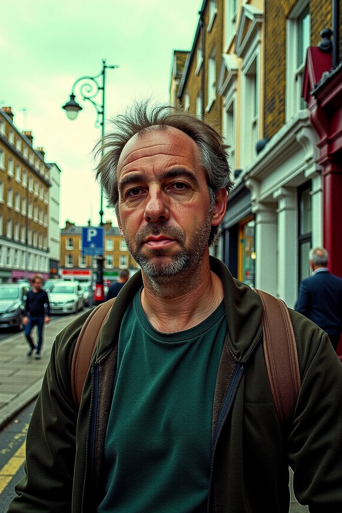 Photo of tmhrmns, A RAW candid cinema-style photograph shot on 16mm film, color graded to evoke the rich tones of Portra 400. Natural portrait aesthetic, muted skin tones, true-to-life coloration,
Soft contrast, visible skin texture, reduced brightness and saturation,
The guy is walking on the streets of London. The color palette blends light cyan and light bronze hues, giving the scene a surreal yet warm glow. His skin, ultra-realistic with visible texture, shows detailed pupils, fine lines, and subtle skin fuzz, alongside hints of dry skin. 