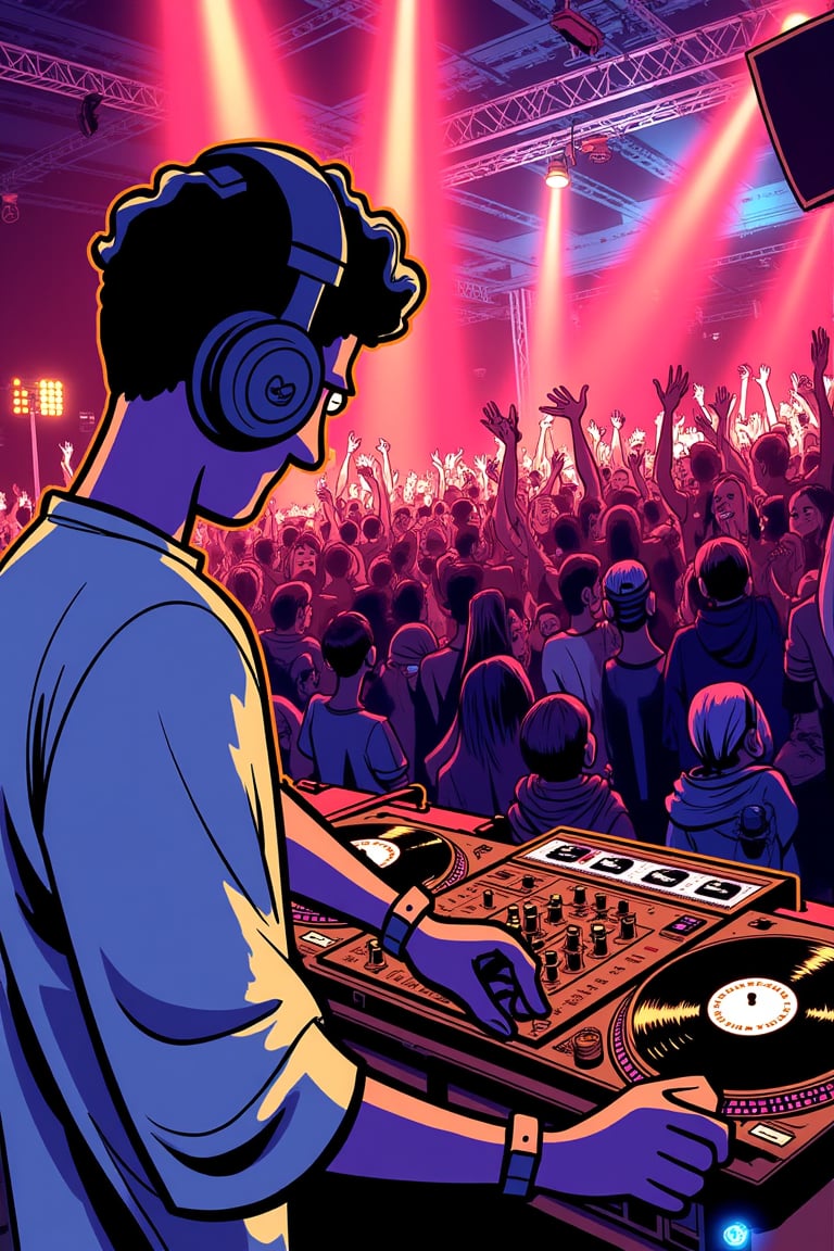 Editorial illustration. (((colorful illustration))) by satoshi, 
A vibrant illustration of a deejay in close up, in the background a dancing nightlife scene. He is playing vinyl records on his turntables. The crowd is ecstatic with their hands up. Disco lights in the nightclub. Wide shot. Editorial illustration. tmhrmns,satomic