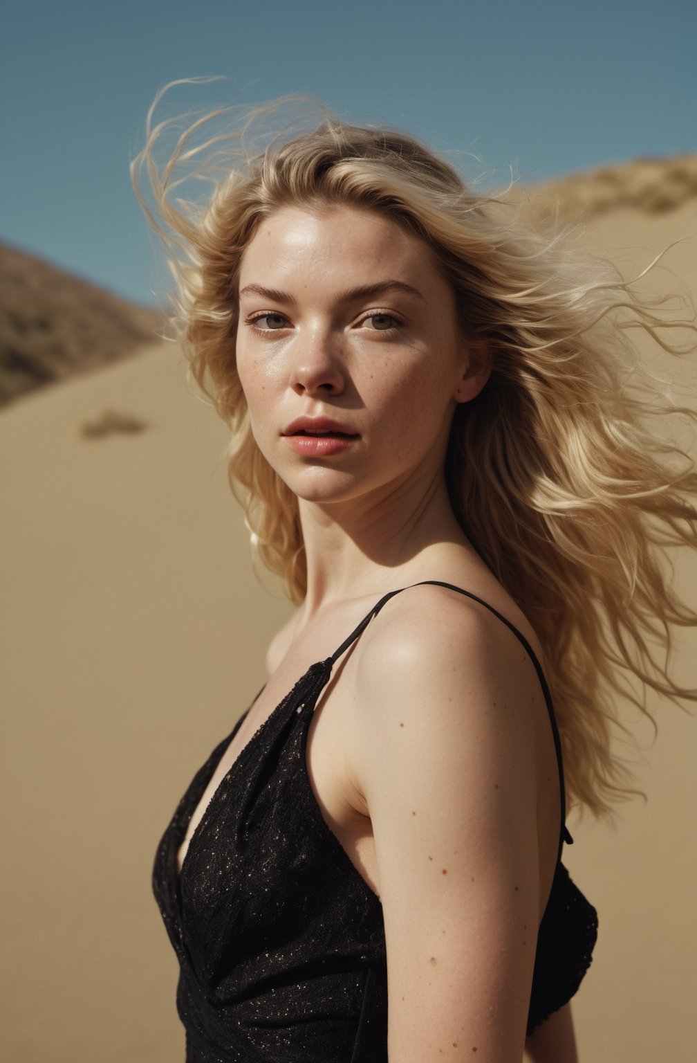 detailed, full-body image of a lingerie fashion model, Anya Taylor joy, laura prepon, captured from a slightly distant, low-angle perspective. The model should be in a varied outdoor environment, enhancing the sense of space. She has an expressive face with dry, freckled skin, and her gaze is directed away, adding a thoughtful aspect. The photo-style mimics an analog 50mm Leica camera with a low shutter speed, creating a subtle motion blur as if she's captured mid-movement. side light, highlighting her skin's texture and the fabric's details. The model's attire is eclectic, moving away from the classic black dress to something more colorful and contemporary, fluttering in the breeze. The overall scene should evoke a sense of high fashion, with a realistic and RAW 8k quality. Her long blonde hair adds to her Instagram model vibe, and her posture suggests motion, as if she's dancing, reflecting her skill and grace.vibrant. 

film grain. grainy. Sony A7III. photo r3al, 
, PORTRAIT PHOTO, 
Aligned eyes,  Iridescent Eyes,  (blush,  eye_wrinkles:0.6),  (goosebumps:0.5),  subsurface scattering,  ((skin pores)),  detailed skin texture,  textured skin,  realistic dull skin noise,  visible skin detail,  skin fuzz,  dry skin,  hyperdetailed face,  sharp picture,  sharp detailed,  analog grainy photo vintage,  Rembrandt lighting,  ultra focus,  illuminated face,  detailed face,  8k resolution,photo r3al,Extremely Realistic,Movie Still.
(((motion blur))), full body, from below, KNWLS, wide shot, distance, full-body, outside, unbalanced face, full body, highly detailed, dry skin, skin pores, looking away, detailed, run, analog, 50mm Leica, undershot, low shutter speed, super realistic, contrast, imperfect skin, soft light, (((side light))), dry skin, freckles, black fabric, wind, strangle, outdoor, High Fashion, model, vogue, RAW, contrast, 8k,Movie Still