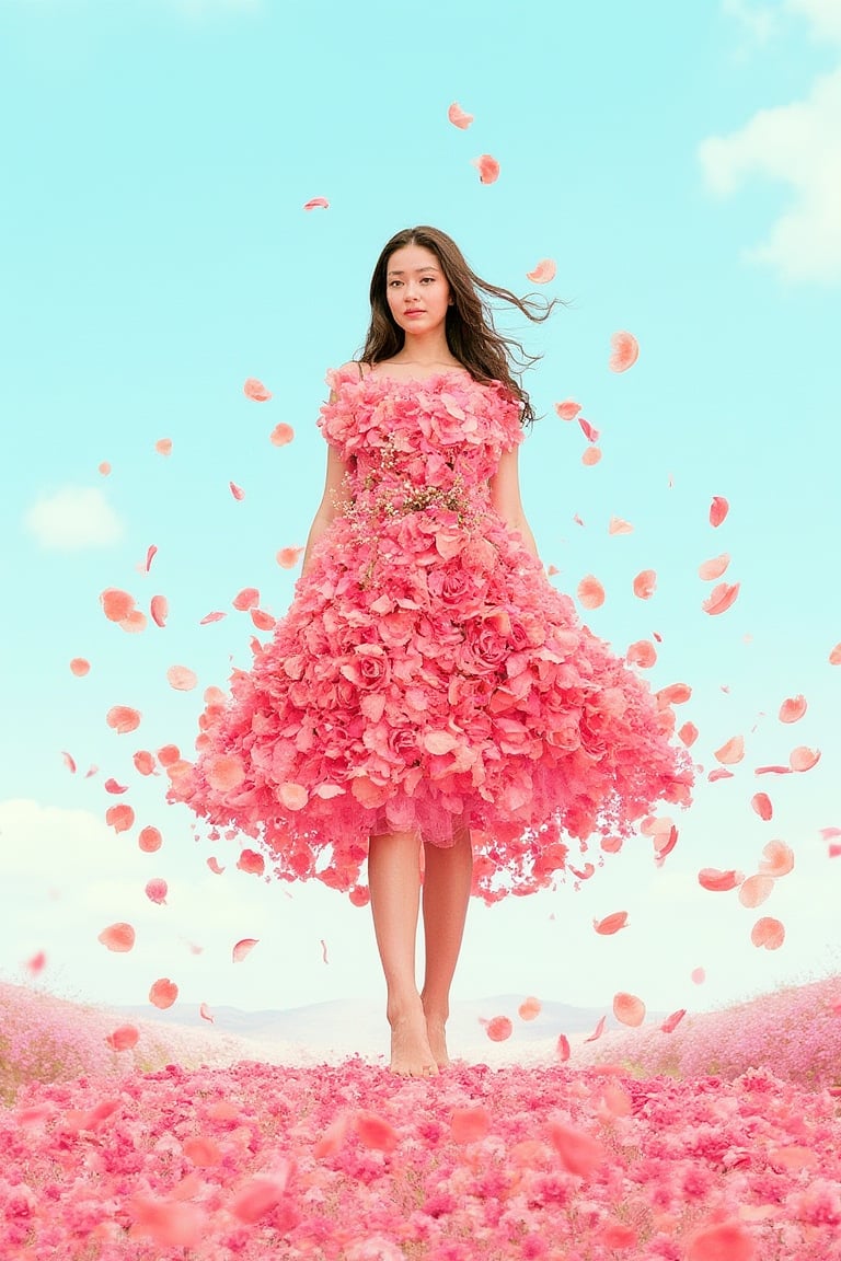 A bright, engaging scene of a detailed photorealistic color pencil illustration, A young woman standing gracefully in a dress made entirely of rose petals. The petals seem to flutter in a gentle breeze, creating a flowing, ethereal look. She’s barefoot, standing on a field of scattered rose petals, her face calm and serene. The background is minimal, allowing the rose petal dress to take center stage, coloring page, bold outlines, glossy digital art, f/22, wide depth of field, sharp details, clean blue sky background. The atmosphere is playful, with natural light . Colors should be vibrant, with a focus on blues, greens, and yellows, emphasizing joy . high-resolution photography, stock photo precise, homemade , analog, cell phone cameras