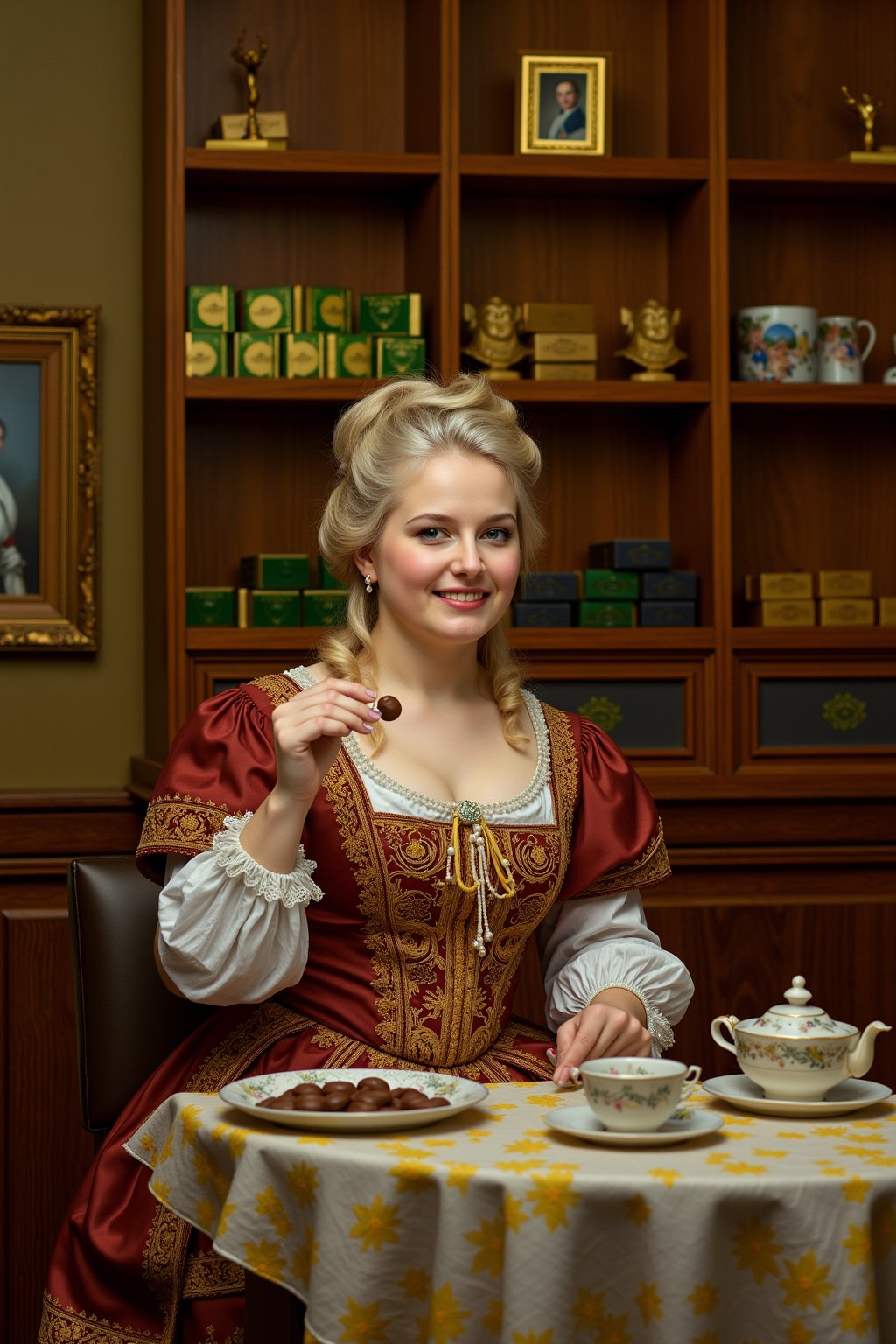 (A detailed 1770s scene of a woman inside a traditional Austrian Mozartkugel shop). The shop is rich with Mozart-themed decorations, featuring intricate portraits of Mozart and classical music notes painted on the walls. (Wooden shelves line the background, filled with gold and green packaging of Mozartkugel chocolates), showcasing the elegance and tradition of Austrian confectioneries. (The woman embodies 18th-century sophistication, her powdered hair styled in an elaborate updo, adorned with delicate ribbons and pearls.) She is dressed in a lavish rococo gown with fine embroidery, lace cuffs, and a cinched waist, representative of the aristocratic style of the time.

She is seated at a small, cozy table draped in a fine lace tablecloth, atop which rests a porcelain tea set and an ornate serving plate with more Mozartkugels. (In her hand, she delicately holds a piece of the famous chocolate, her fingers daintily gloved in white silk.) Her expression is one of delight and indulgence, as she prepares to savor the chocolate, her lips curved in subtle enjoyment. The (lighting is warm and golden, casting soft, inviting shadows around the room, giving the shop a romantic and cozy atmosphere). (Behind her, the shelves are filled with beautifully wrapped chocolates, stacked elegantly next to Mozart-themed souvenirs, like busts of the composer and music sheets.)

The scene captures both the quaint charm of a historic candy shop and the refined, opulent details of 18th-century Austrian aristocratic culture. They dress in high-quality and elegant attire, showcasing their social status, Rich and luxurious colors adorn their clothing and surroundings, reflecting their financial stability and appreciation for the finer things in life.
Scene and lighting, photo is from 1770 clearly very old and reflects it's age and colours. 
. The warm, soft lighting accentuates everyone's  features, giving the photograph a timeless, ethereal quality.,perfect eyes,skin blemish,detailed skin, flfmt