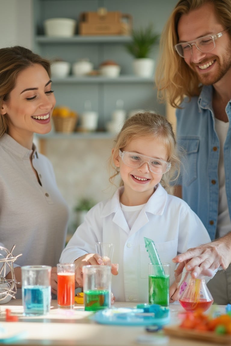 A bright, engaging scene of a family in a KITCHEN, where EUROPEAN parents and children are conducting fun science experiments together. The child is wearing a lab coat and goggles, smiling while mixing colorful chemicals in test tubes. The background features science equipment like beakers, magnifying glasses, and a model of the solar system. The atmosphere is playful and educational, with natural light flooding the room. Colors should be vibrant, with a focus on blues, greens, and yellows, emphasizing curiosity, learning, and family bonding. high-resolution photography, stock photo precise, homemade , analog, cell phone cameras