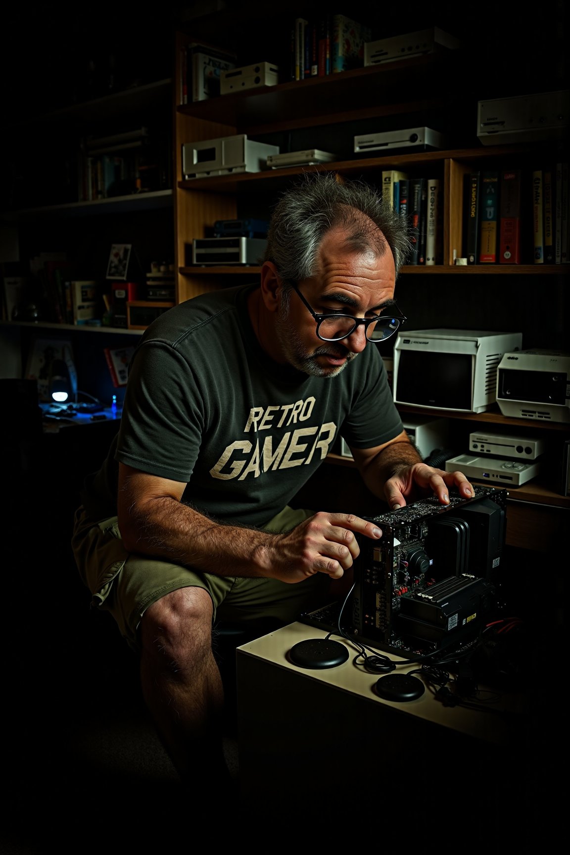 Photo of tmhrmns, (A highly detailed, realistic image of a 45-year-old man, tmhrmns , with a nerdy appearance, slightly hunched over as he intently works on assembling a computer in a cluttered, well-worn home office. The man has greying, receding hair, which is slightly disheveled, and he wears thick-rimmed glasses that slightly magnify his eyes. His facial features show the wear of age, with fine lines and a hint of stubble on his chin. He is dressed in a faded, graphic t-shirt that reads "Retro Gamer" and cargo shorts, giving him a slightly outdated, yet comfortable look. The room is filled with scattered computer parts, retro gaming consoles, and shelves stacked with books, reflecting his lifelong passion for technology. The lighting is soft and warm, casting subtle shadows that add depth to the scene, emphasizing the realism in the textures of his skin, the fabric of his clothes, and the worn surfaces of his workspace.