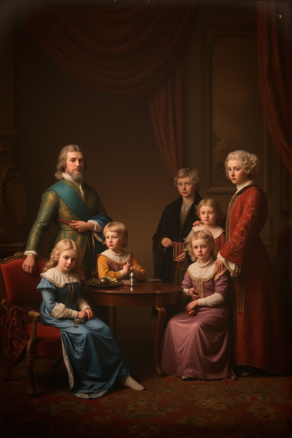 A 1770s photo of a french comfortable and prosperous bourgeois family, gathered in their townhouse or countryside estate, They dress in high-quality and elegant attire, showcasing their social status, Rich and luxurious colors adorn their clothing and surroundings, reflecting their financial stability and appreciation for the finer things in life.
Scene and lighting, photo is from 1770 clearly very old and reflects it's age and colours. 
. The warm, soft lighting accentuates everyone's  features, giving the photograph a timeless, ethereal quality.,perfect eyes,skin blemish,detailed skin, flfmt