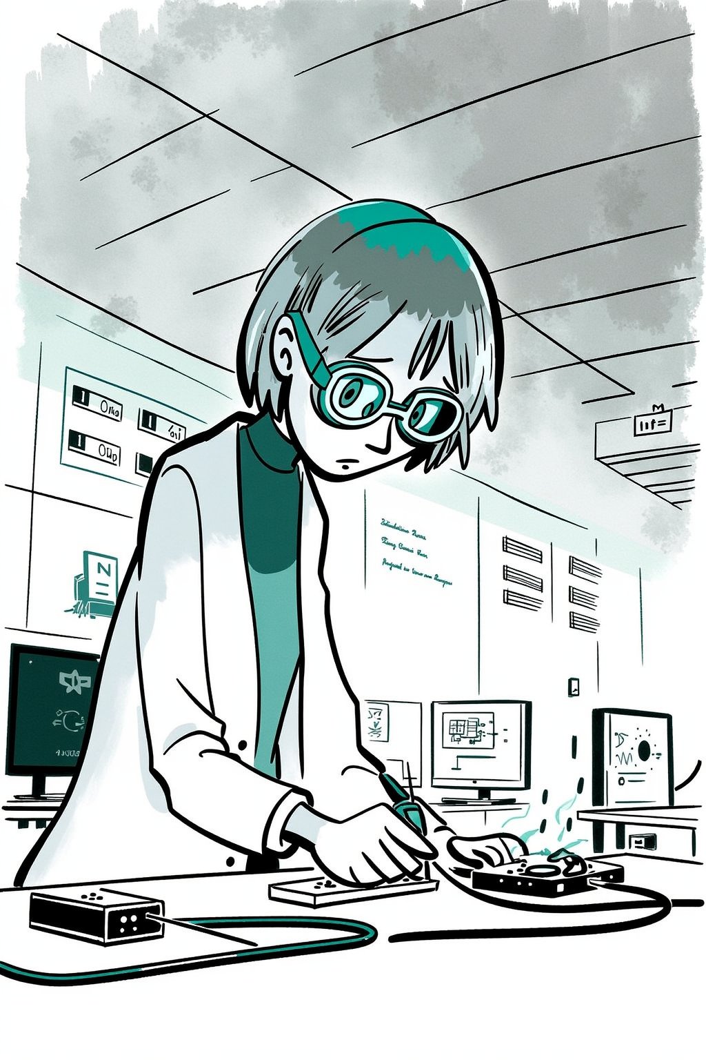 A cartoon illustration of a female technician soldering electronic components at a workbench. Her face is calm but intensely focused, with small wisps of smoke rising from the soldering iron.

Appearance:
The technician wears a lab coat and safety goggles. Her hair is in a short bob, and her hands are steady as she works on a circuit board. The room’s light reflects off the metal components, highlighting her precision.

Setting:
A clean, minimalist lab with abstract outlines of tools, wires, and electronics on the workbench. Several monitors and screens display technical diagrams in the background.

Mood:
Calm, focused, and precise, the scene captures the detailed and meticulous nature of her work.

Era:
Contemporary, with high-tech electronic equipment.

Perspective:
Close-up, focusing on her hands, the circuit board, and the glowing tip of the soldering iron.

Background:
Chaotic painted blob in soft gray and teal watercolor, with monochrome cool soft tints color palette.
. Style of satoshi hashimoto, satomic.