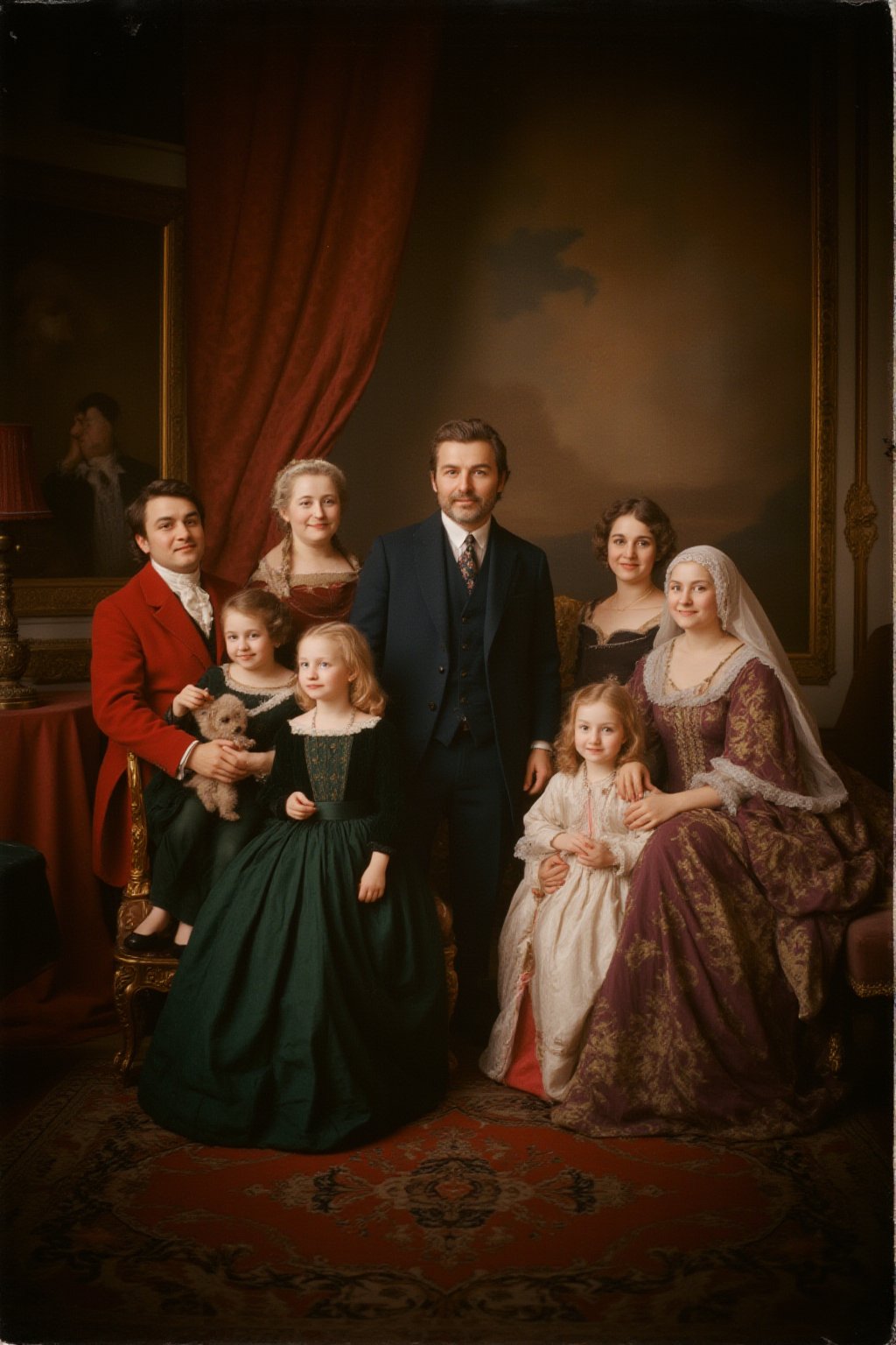 A 1770s photo of a french comfortable and prosperous bourgeois family, (((father is David Beckham and mother is victoria Beckham))), gathered in their townhouse or countryside estate, They dress in high-quality and elegant attire, showcasing their social status, Rich and luxurious colors adorn their clothing and surroundings, reflecting their financial stability and appreciation for the finer things in life.
Scene and lighting, photo is from 1770 clearly very old and reflects it's age and colours. 
. The warm, soft lighting accentuates everyone's  features, giving the photograph a timeless, ethereal quality.,perfect eyes,skin blemish,detailed skin, flfmt