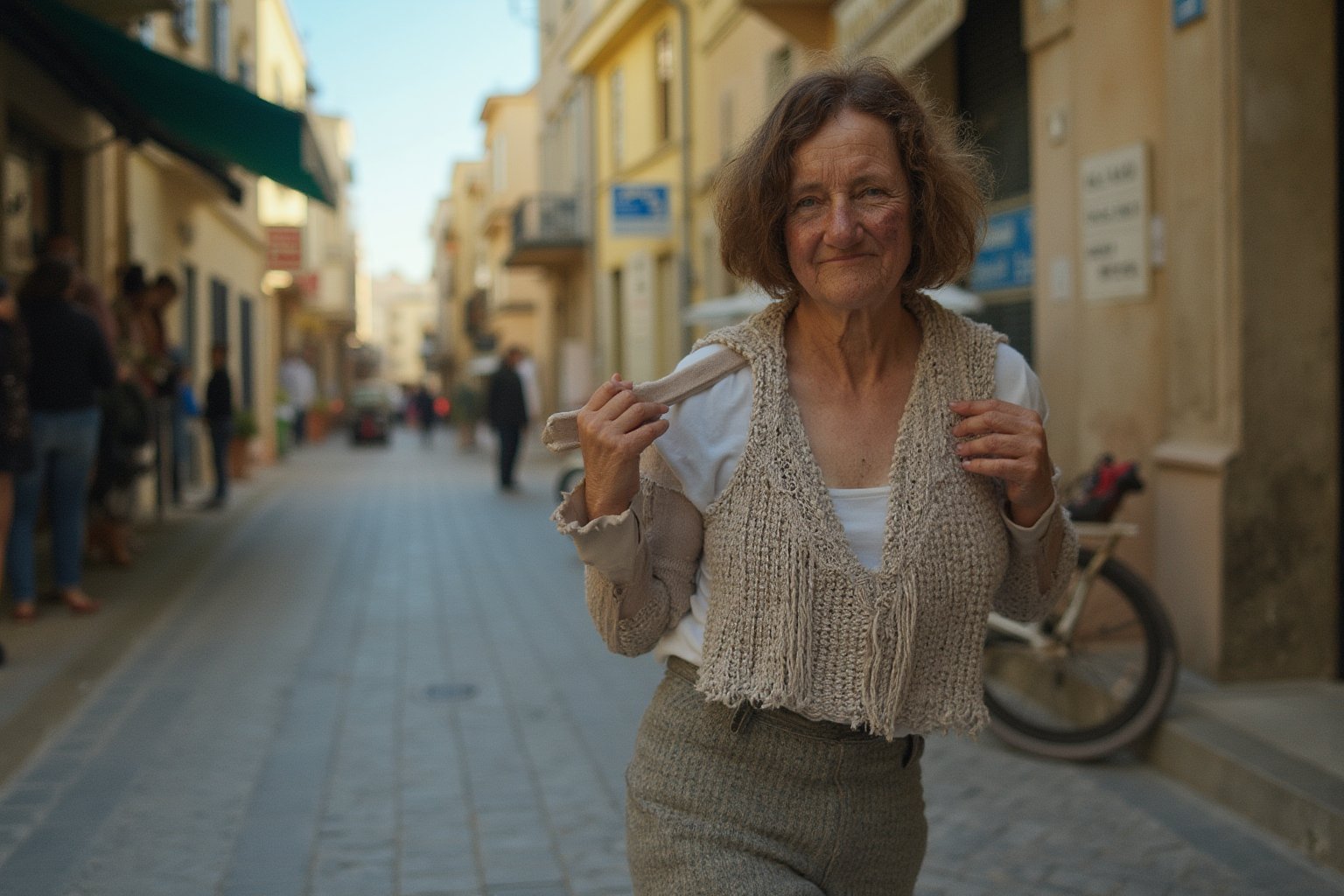 Photography in (steve mccurry style), a stereotypical greek woman, classic clothes,  cultural portrait, emotive humane photography, rich colors, analog film, film grain, kodachrome, intricate details, insanely detailed, natural lighting, 8k, hdr, masterpiece, award winning photography, Fine art photography style, film photography style. ((Very wide view, walking on the street in Greece, ((not noticing the camera)), some people and cars, pedestrians, or cyclists in background)). Very sharp, very high depth of field. High dof.
The overall composition is a photo of every day life. flfmt
