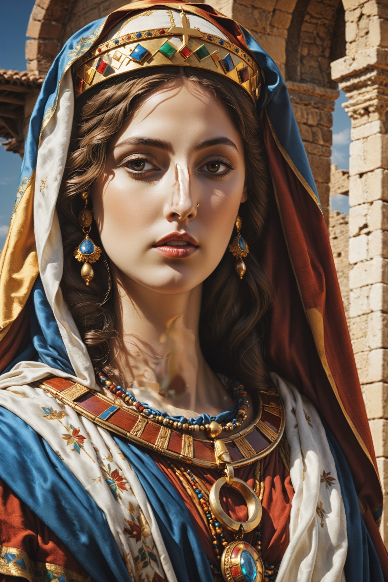 ((Mary)) mother of Jesus at first century, wearing ancient Israelite garment and accesories, (RAW photo, best quality), (realistic, photo-Realistic:1.3), best quality, masterpiece, beautiful and aesthetic, 16K, (HDR:1.4), high contrast, (vibrant color:1.4), (muted colors, dim colors, soothing tones:0), Exquisite details and textures, cinematic shot, (((wide shot))), ((establishing shot)), (full body), Warm tone, (Bright and intense:1.2), wide shot, ultra realistic illustration, siena natural ratio,
Art by greg rutkowski and raphael lacoste,
Perfect anatomy, centered, approaching perfection, stunning, something that even doesn't exist, mythical being, energy, molecular, textures, pure perfection, divine presence, unforgettable, impressive, auras, fullbody:1.1, fullbody shot,photo r3al