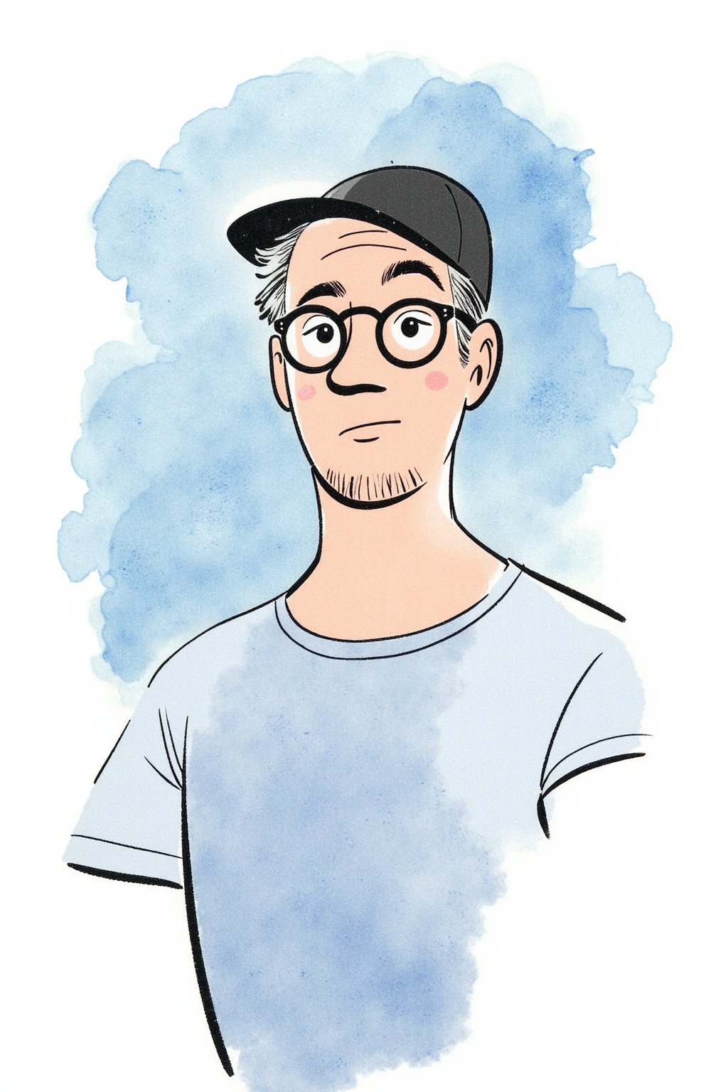 An editorial illustration of a guy, tmhrmns, dressed in a casual but chic outfit, close-up of his face and a bit upper body. 
The man wears a trendy tight t-shirt. He has a pair of stylish round dark-framed glasses perched on his nose, his body language absorbed in his work.
Mood:
Focused and calm, with a creative energy reflected in the soft lighting and pastel hues.
Era:
Contemporary.

Background:
Chaotic painted watercolor in pale blue watercolor, with monochrome soft tints color palette.

. Style of satoshi hashimoto, satomic.,tmhrmns