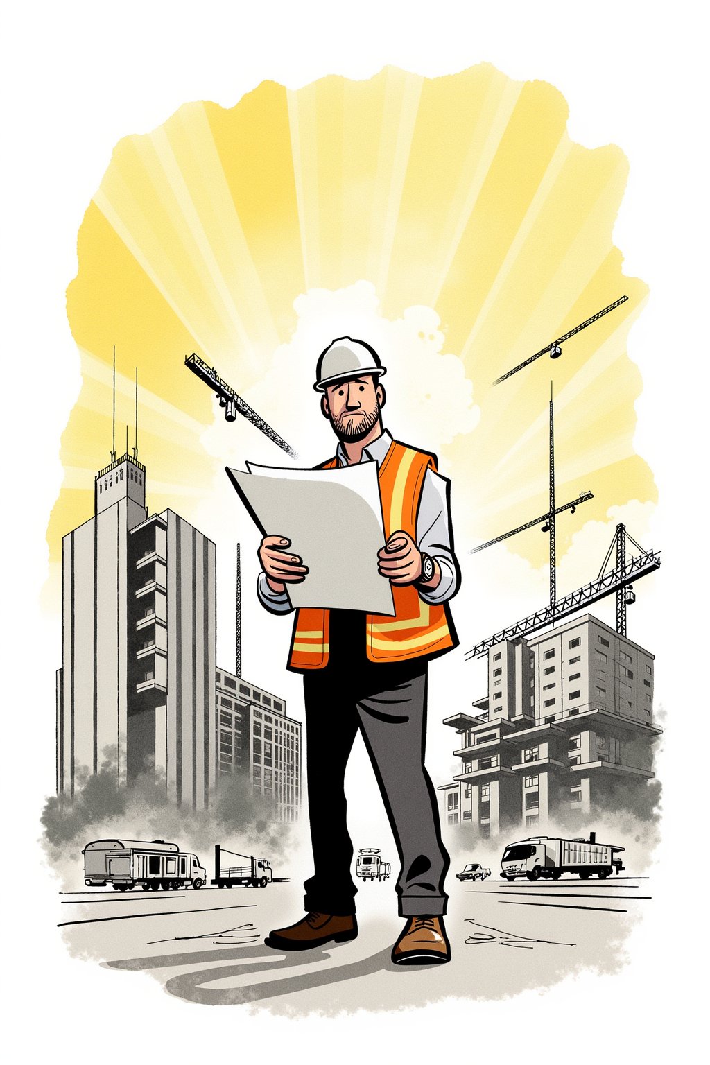 An editorial illustration of a male engineer in a hard hat, standing at a construction site and inspecting blueprints. His expression is serious and focused as he reviews the plans with his team.

Appearance:
The engineer wears a white hard hat, a reflective vest, and work boots. His rolled-up sleeves reveal a watch on his wrist, and he carries a clipboard with blueprints. His facial expression is determined, showing intense concentration.

Setting:
A large construction site, with abstract outlines of cranes, scaffolding, and unfinished buildings in the background. Dust swirls in the air, and the early morning sun casts long shadows.

Mood:
Focused and professional, the scene captures the energy of a large-scale project coming together.

Era:
Modern, with high-tech construction equipment visible.

Perspective:
Front-facing, slightly angled from below, highlighting the blueprints and his face as he evaluates the plans.

Background:
Chaotic and textured painted blob in muted yellow and gray watercolor, with monochrome soft tints color palette.
. Style of satoshi hashimoto, satomic.