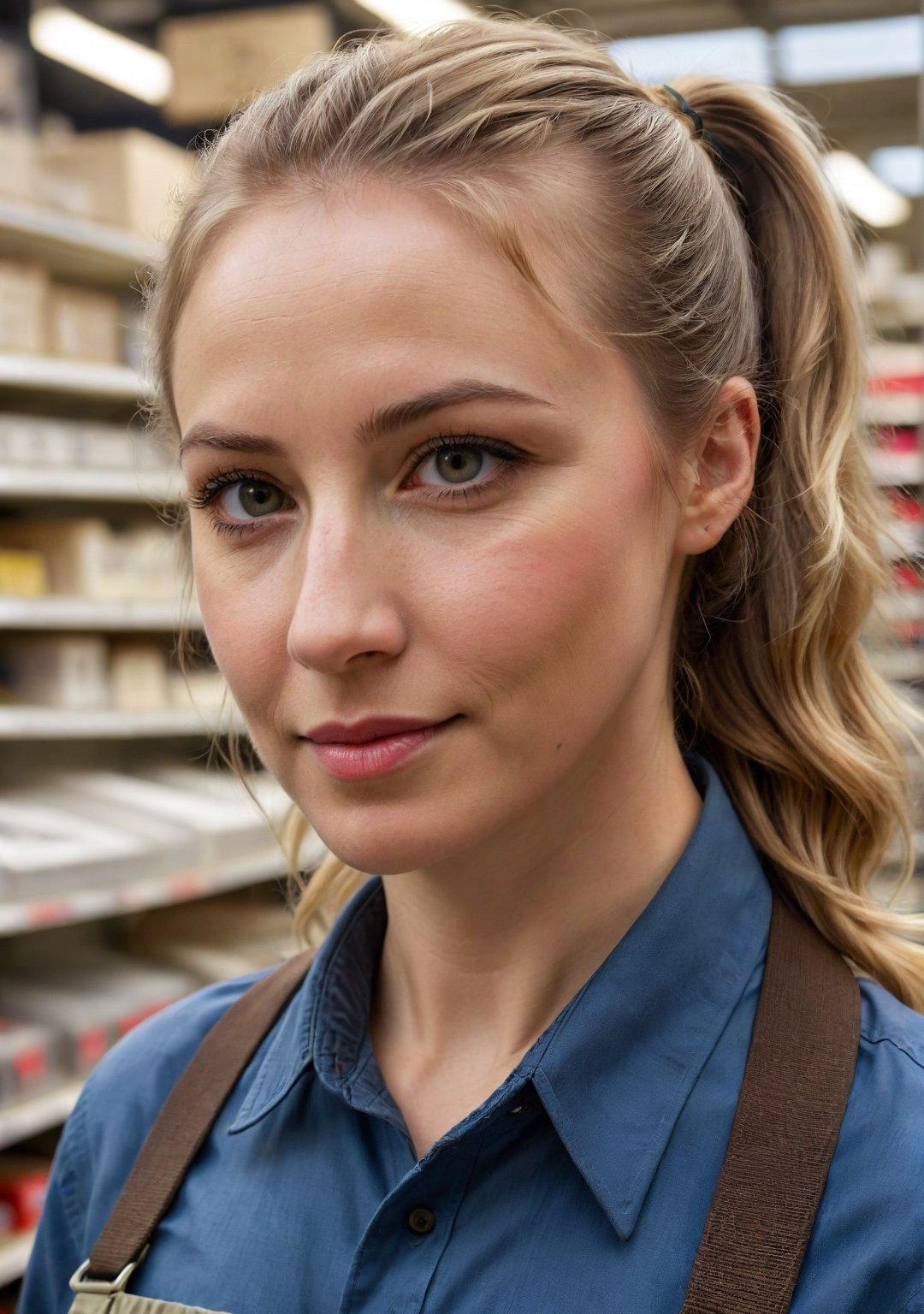 Hardware store view of a British electrician, 32 years old, showcasing a blend of competence and subtle allure, with a focused, approachable face, found amidst the aisles of a busy London hardware shop. She's confidently advising a customer on electrical supplies, her posture relaxed yet authoritative, a hint of a smile suggesting both expertise and charm.

Her hair, a soft, sandy blonde, is tied back in a practical ponytail, strands occasionally escaping to frame her face. Her eyes, clear and attentive, make direct, engaging contact with those she's helping, her lips curved in an easy, inviting smile.

She has a fit, capable build. Wearing a (fitted work shirt) tucked into (durable utility trousers), her attire is functional yet flattering, complementing her professional role. Her feet, in (sturdy safety boots), are firmly planted on the ground, her whole demeanor exuding a sense of reliability and a welcoming air of approachability.
 8k uhd, dslr, soft lighting, high quality, film grain, Fujifilm XT3, high quality photography, 3 point lighting, flash with softbox, 4k, Canon EOS R3, hdr, smooth, sharp focus, high resolution, award winning photo, 80mm, f2.8, bokeh, (Highest Quality, 4k, masterpiece, Amazing Details:1.1), film grain, Fujifilm XT3, photography,
detailed eyes, epic, dramatic, fantastical, full body, intricate design and details, dramatic lighting, hyperrealism, photorealistic, cinematic, 8k, detailed face. Extremely Realistic, art by sargent, PORTRAIT PHOTO, Aligned eyes, Iridescent Eyes, (blush, eye_wrinkles:0.6), (goosebumps:0.5), subsurface scattering, ((skin pores)), (detailed skin texture), (( textured skin)), realistic dull (skin noise), visible skin detail, skin fuzz, dry skin, hyperdetailed face, sharp picture, sharp detailed, (((analog grainy photo vintage))), Rembrandt lighting, ultra focus, illuminated face, detailed face, 8k resolution
,photo r3al,Extremely Realistic,aw0k euphoric style,PORTRAIT PHOTO,Enhanced Reality