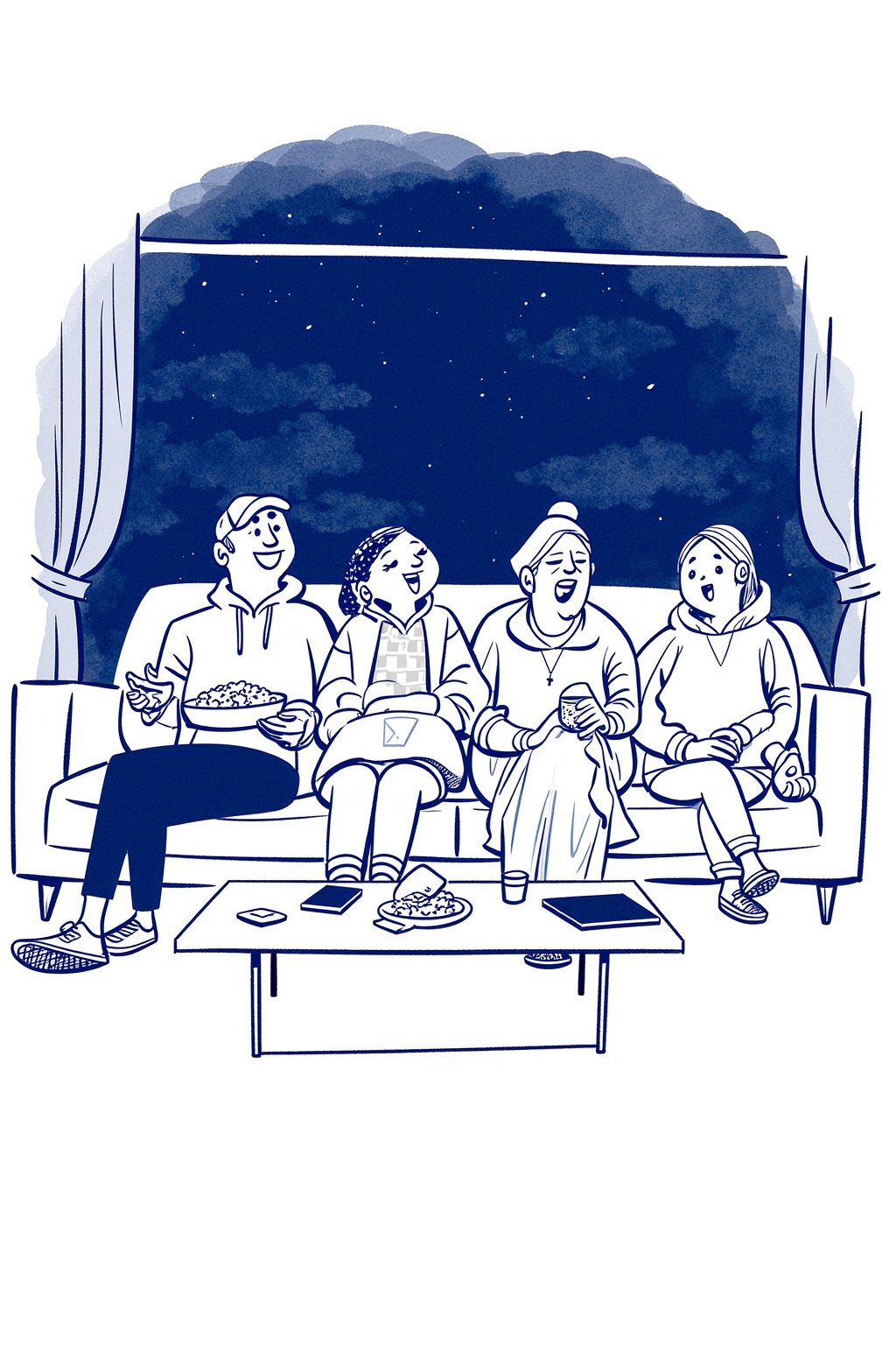 An editorial illustration of a group of friends lounging on a sofa, watching TV late at night inside their apartment. One person holds a bowl of popcorn, while the others laugh at the screen, their postures relaxed and carefree.

Appearance:
Casually dressed in hoodies, sweats, and t-shirts. One person has their feet propped up on the coffee table, another is wrapped in a blanket, creating a cozy, lived-in atmosphere.

Setting:
A modern living room with abstract lines depicting the sofa, a coffee table cluttered with snacks, and a large TV screen. The night sky is visible through a nearby window.

Mood:
Light-hearted and relaxed, the scene conveys a sense of friendship and casual fun, with muted tones reinforcing the night-time setting.

Era:
Present-day, with subtle hints of minimalist design.

Perspective:
Front-facing view of the group, showing their engagement with the TV and their shared laughter.

Background:
Chaotic painted blob in dark blue watercolor, with monochrome cool soft tints color palette.

. Style of satoshi hashimoto, satomic.