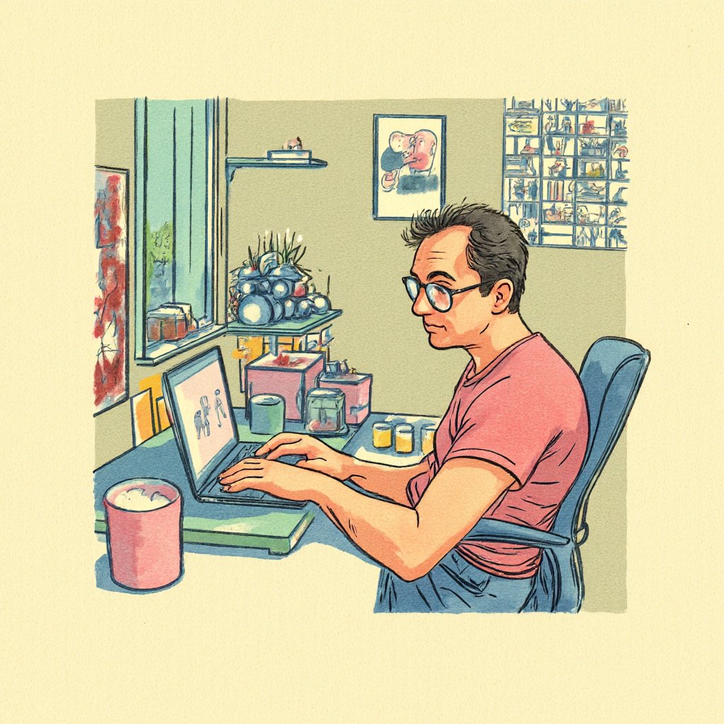 (((colorful illustration))) by lmendo, depicting tmhrmns, bold black detailed linework, simple illustration filled with bold colors.

medium shot of Tom, tmhrmns, with caucasian skin, sitting at desk with laptop, minimal illustration. The soft focus is accentuated by a slight film grain, giving the image a nostalgic, textured feel. The color palette is vibrant, with his clothes, t-shirt and jeans, standing out against the muted, earthy tones of background. Tom's round dark-rimmed glasses give him a confident look. 