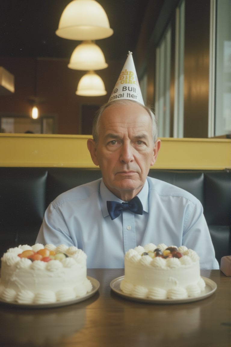 A photo of An older man sits in front of two cakes, wearing a party hat and a bow tie. His expression is neutral or slightly resigned.
Appearance: He is dressed in formal attire (a bow tie and shirt), giving a slightly different vibe from the other, more casually dressed participants.
Mood: His serious expression, paired with the festive hat, gives a sense of irony or indifference to the celebratory atmosphere.

Setting: photo take in an indoor setting, a diner or casual restaurant, with the booth seating and tables. This picture is taken in a vintage atmosphere, likely from the mid-20th century.
Era: the images are likely from the 1960s to 1970s, leaning towards a retro aesthetic with accompanying clothes, hairstyles, and color tones from that era. 
Perspective: The perspective is straightforward, with medium close-up shots of the individual sitting in front of birthday cakes. The camera focuses on their facial expressions, centering them within the frame.
Scene: the scene represents a birthday celebration, but the mood is melancholic or indifferent, a stark contrast to the festive atmosphere usually associated with birthdays.
Camera & Lighting: The images appear to have been shot on film, likely with a mid-century camera. The lighting seems natural or minimally artificial, with no harsh shadows, creating a soft but slightly muted vintage look.
flfmt