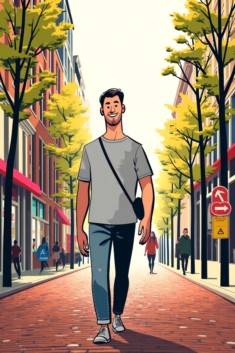 (((colorful illustration))) by satoshi, 1 guy, A {20-year-old | 25-year-old | 30-year-old} guy-next-door walking through the city of { Amsterdam | Paris | London | Rome | Berlin | Lissabon }, with { brown hair | blonde hair | black hair}, {big | short | long} hair ,{straight | curly } hair, is {smiling warmly | laughing casually | grinning widely}. He is wearing a {simple t-shirt and jeans | comfy hoodie and leggings} in {soft pastels | earthy tones | bright colors}. Hie mood is {cheerful | relaxed | carefree}, and he has a {chill | laid-back | easygoing} demeanor, moving about {casually | slowly | with gentle purpose}.  satomic
Satomic

The {late afternoon | golden hour | early evening} {sunlight | soft light | warm rays} casts a {warm glow | soft shimmer | gentle hue} on the {cobblestone pavement | brick street | tree-lined road} of a {quiet suburban street | bustling city avenue | quaint old town alley}, creating a {peaceful | serene | cozy} atmosphere. The {light dapples through the trees | shadows stretch across the ground | reflections bounce off the nearby windows}, adding to the {calm | tranquil | welcoming} mood of the scene.
by Satoshi Hashimoto, satomic