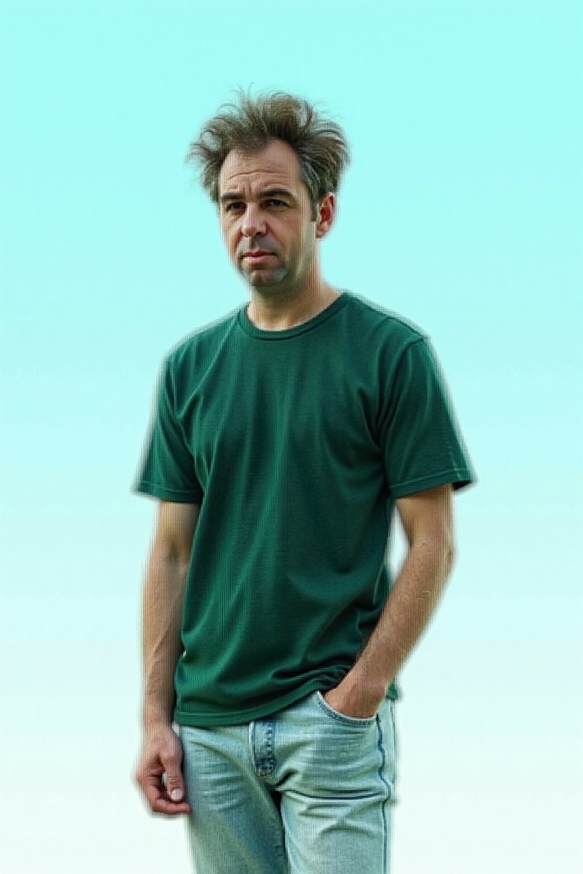 Photo of tmhrmns,a candid upper body photograph, simple backgrounds  , wearing a hip dark green t-shirt and light jeans, casual .
A photograph in the style of Jil Sander and Balenciaga. The background is a light-blue gradient sky. The overall mood evokes surrealism and dreamlike imagery. Captured by Tim Walker using Kodak Portra film for a grainy texture. 8k