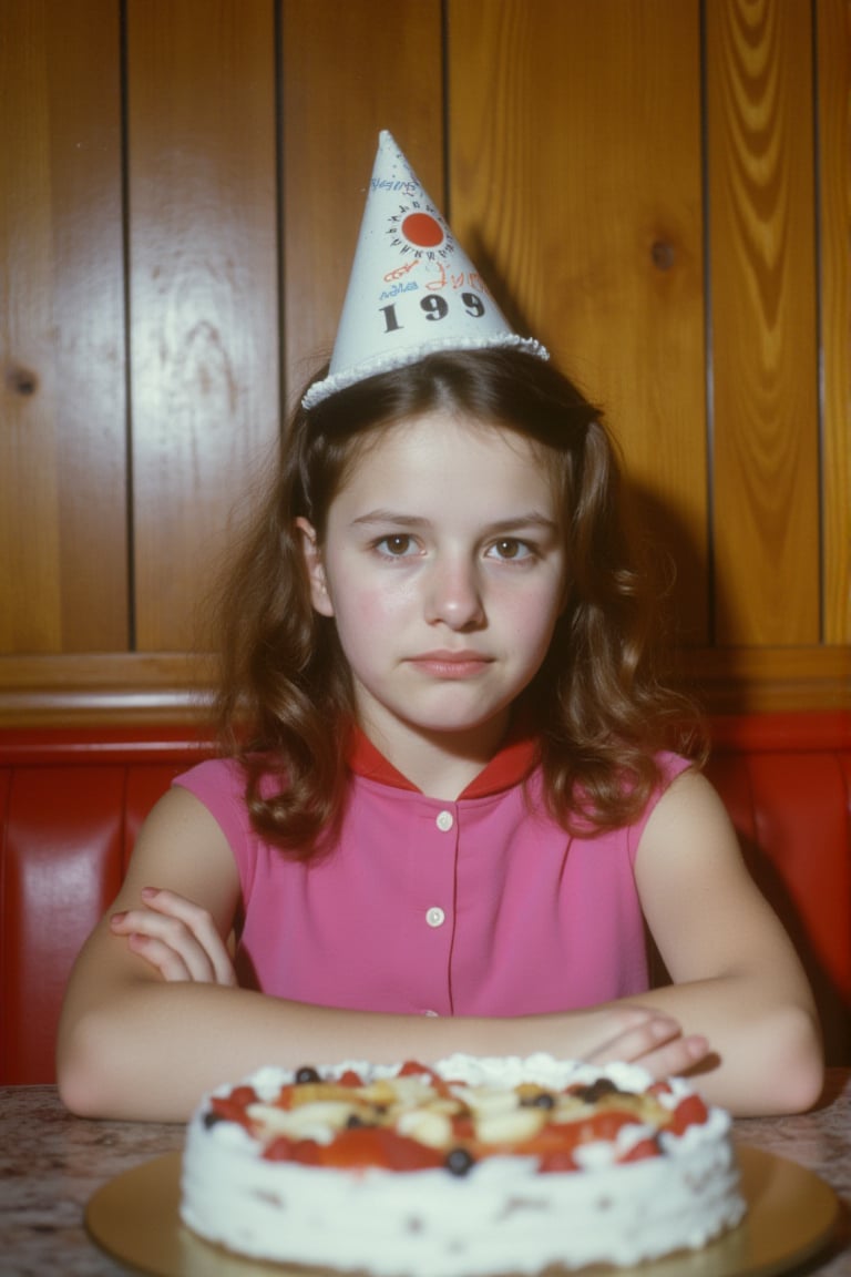 A young woman (or teenager) with long brown hair wears a party hat and sits in front of a piece of cake. Her expression is particularly annoyed or bored.
Appearance: She wears a pink dress with a red accent, and the wood-paneled background suggests an old-school diner or casual restaurant.
Mood: She seems disengaged from the celebration, as if forced to be there or unhappy with the situation.

Setting: photo take in an indoor setting, a diner or casual restaurant, with the booth seating and tables. This picture is taken in a vintage atmosphere, likely from the mid-20th century.
Era: the images are likely from the 1960s to 1970s, leaning towards a retro aesthetic with accompanying clothes, hairstyles, and color tones from that era. 
Perspective: The perspective is straightforward, with medium close-up shots of the individual sitting in front of birthday cakes. The camera focuses on their facial expressions, centering them within the frame.
Scene: the scene represents a birthday celebration, but the mood is melancholic or indifferent, a stark contrast to the festive atmosphere usually associated with birthdays.
Camera & Lighting: The images appear to have been shot on film, likely with a mid-century camera. The lighting seems natural or minimally artificial, with no harsh shadows, creating a soft but slightly muted vintage look.
flfmt