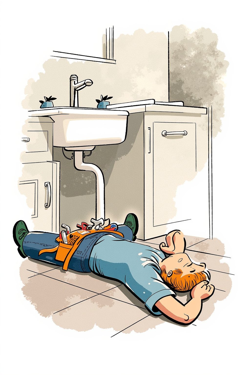 An editorial illustration of a male plumber lying on his back under a sink, fixing pipes. His tool belt rests nearby, and he is focused on tightening a connection.

Appearance:
The plumber wears a faded blue t-shirt and work pants, with a few stains from his job. His tool belt, packed with wrenches and pliers, sits beside him. His posture is casual but focused as he works under the sink.

Setting:
A small kitchen with abstract outlines of cabinets, counters, and a tiled floor. The sink is elevated, giving space for him to work. Sunlight filters through a nearby window, adding warmth to the scene.

Mood:
Relaxed but professional, capturing the everyday nature of technical problem-solving.

Era:
Modern, with hints of traditional home design.

Perspective:
Low-angle view from the plumber’s feet, showing him lying down, tools in hand, and the pipes above him.

Background:
Chaotic painted blob in light beige and gray watercolor, with monochrome warm soft tints color palette.
. Style of satoshi hashimoto, satomic.