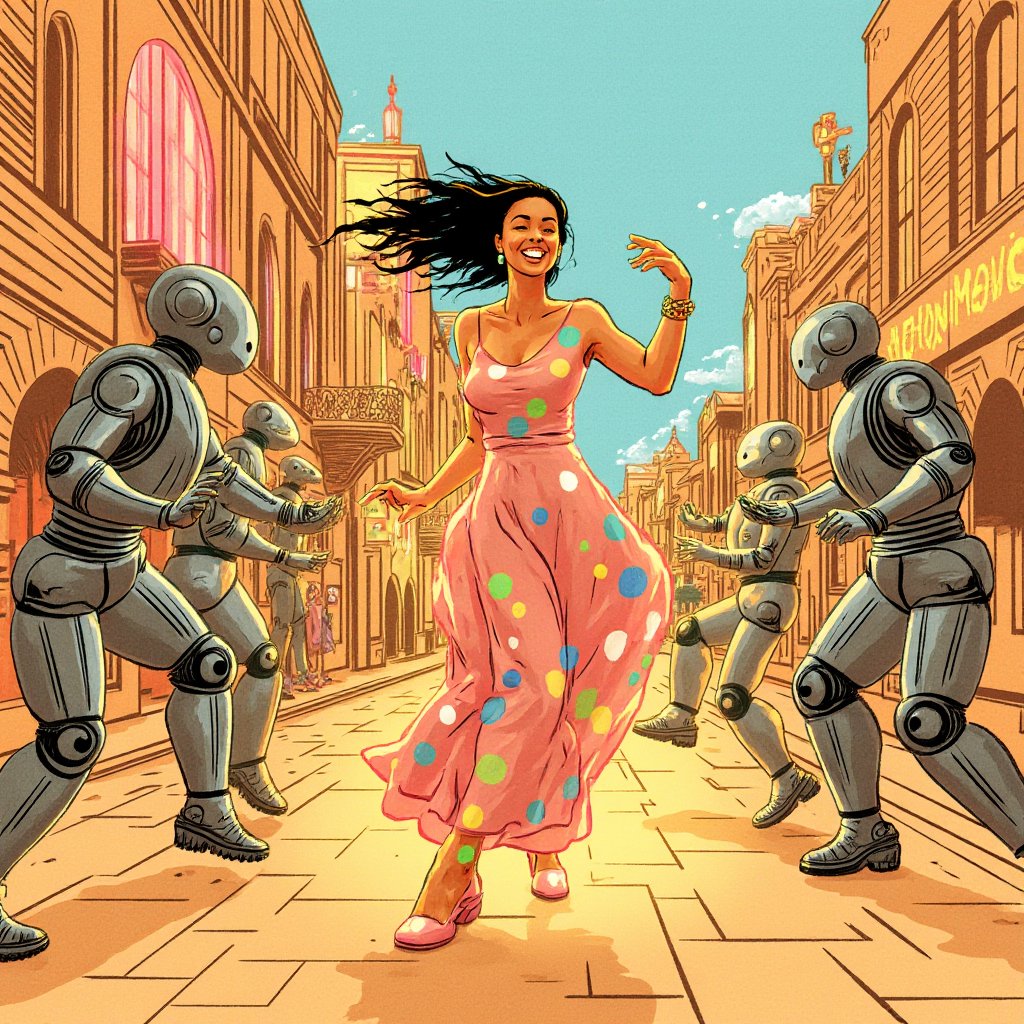 illustration by,lmendo,

A vibrant scene of a woman dancing energetically with a group of humanoid robots in a whimsical cookie town. The town features cookie-shaped buildings and cobblestone streets made of chocolate chips. The woman is dressed in a colorful, flowing outfit, illuminated by soft, warm lighting that highlights her joyful expression and fluid movements. The robots, with sleek metallic surfaces, mirror her dance steps with precision. The composition captures the dynamic interaction between the organic and the mechanical, set against the fantastical backdrop of the cookie town.
