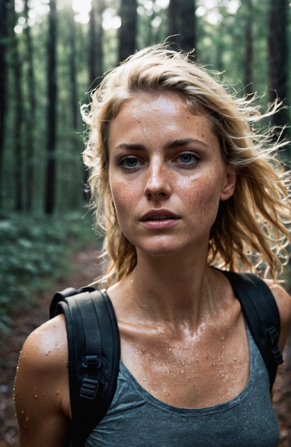 RAW photo, ((wide, establishing shot)), middle aged blonde woman at night in the wood, selfie, dressed for trekking, backpack on back, summer, very hot weather, sweaty, jungle, frightened face, scared Expression, scared, very dark, analog, natural skin details, infrared photography, harsh flash, grainy, ((motion blur)), walking, tired, raining, messy
, at dusk, low lit, detailmaster2,

(((motion blur))), full body, from below, KNWLS, wide shot, distance, full-body, outside, unbalanced face, full body, highly detailed, dry skin, skin pores, looking away, detailed, run, analog, 50mm Leica, undershot, low shutter speed, super realistic, contrast, imperfect skin, soft light, (((side light))), dry skin, freckles, black fabric, wind, strangle, outdoor, High Fashion, model, vogue, RAW, contrast, 8k,
BREAK 
full body, distant shot, overshot, top shot, highly detailed, dry skin, skin pores, looking away, ((looking in the distance)), detailed, run, ((((analog)))), ((((low shutter speed)))), (((double exposure))) super realistic, contrast, imperfect, hard light, (((side light))), wind, strangle, agitated, High Fashion, model, vogue, RAW, contrast, androgynous, 8k, (natural skin texture, hyperrealism, soft light, sharp), (freckles:0.3), (acne:0.3), (messy hair:0.1), Cannon EOS 5D Mark III, 85mm, photo r3al, Extremely Realistic
