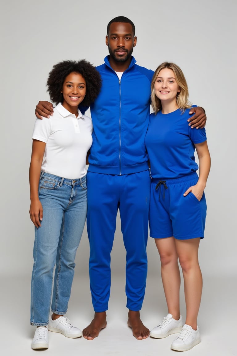 A real image of three people posing together naturally. They are interacting casually, but pose in a warm and approachable manner. One person is a woman with black hair and brown skin, she is wearing a white polo shirt and jeans, the second person is a tall black man, he is wearing a royal blue helanca tracksuit and blue helanca pants, the third person is a blonde woman, she is wearing a royal blue t-shirt and sweatshirt shorts. The image is well lit with soft, natural lighting without a background. suitable for professional graphic materials. Need to look like the Brazilian people, ((camera is in a very very  low perspective pointing up)).


