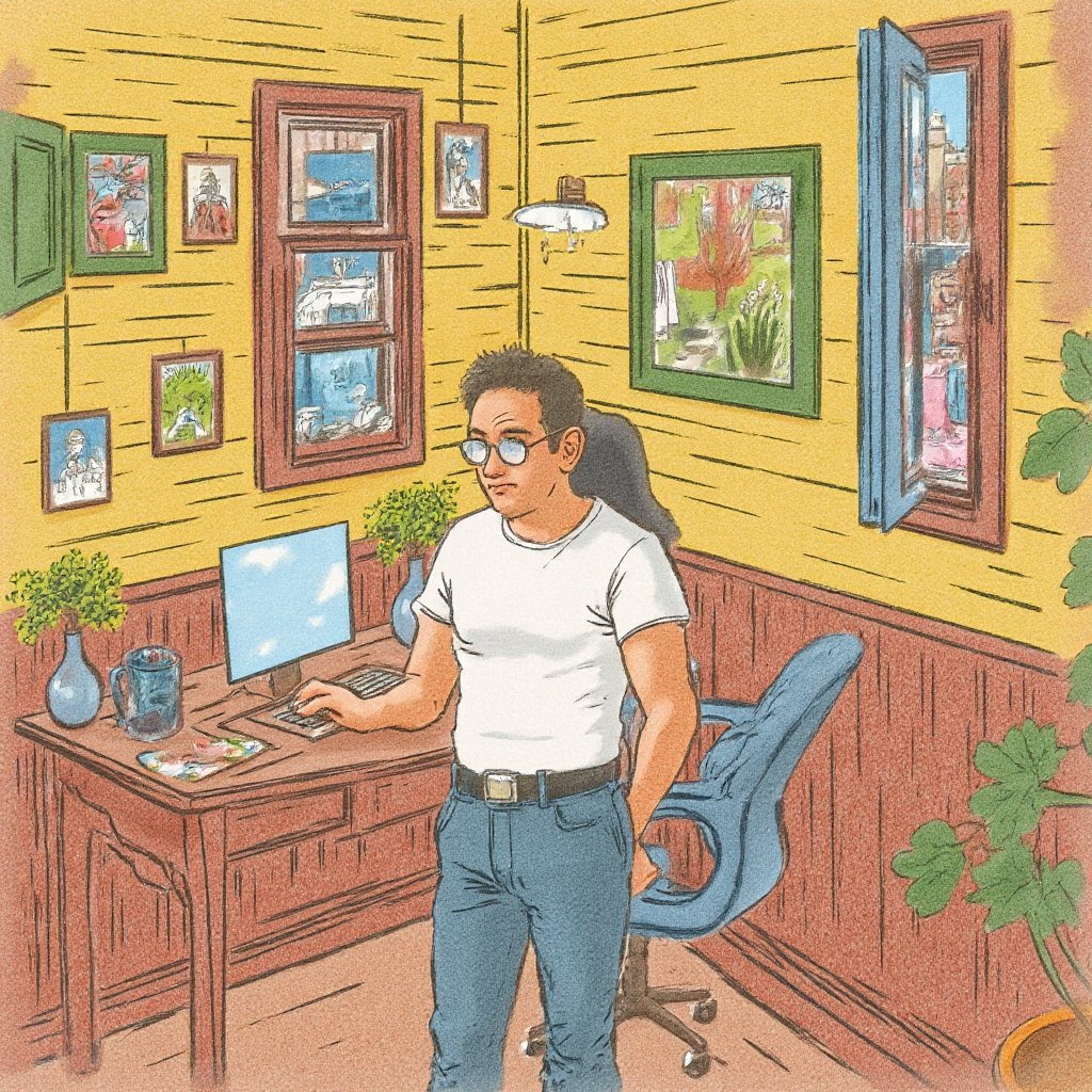 (((detailed colorful illustration))) by lmendo, depicting tmhrmns,

medium shot of Tom, tmhrmns, with caucasian skin, standing in his home office. The scene is pretty light. The soft focus is accentuated by a slight film grain, giving the image a nostalgic, textured feel. The color palette is vibrant, with his clothes, t-shirt and jeans, standing out against the muted, earthy tones of background. Tom's round dark-rimmed glasses give him a confident look. Tom's determined expression conveys his dedication to mastering his various tasks. As the camera pans out, the worn, wooden walls of the scene fade into the background, immersing the viewer in the protagonist's world. The overall mood is one of creative fervor, capturing the essence of the fast-paced, multi-faceted life of a modern professional.