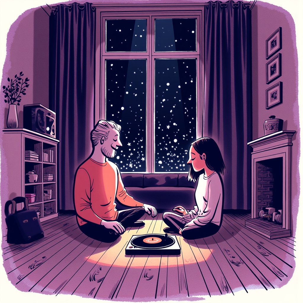 An illustration of a man and a woman inside their cosy apartment, quietly sitting around listening to music. Both their eyes closed. Vinyl record player in between them. Each sitting cross legged on the wooden parquet flooring. Music notes dancing in the air above their heads. 
Warm moody atmosphere, abstract lines depicting the cosy furnished apartment, window overlooking the night sky in the background. Sliver ray of moonlight shining in.
Chaotic painted blob background in dark purple watercolor.
Monochrome warm soft tints Color palette 

Style of of satoshi hashimoto , satomic