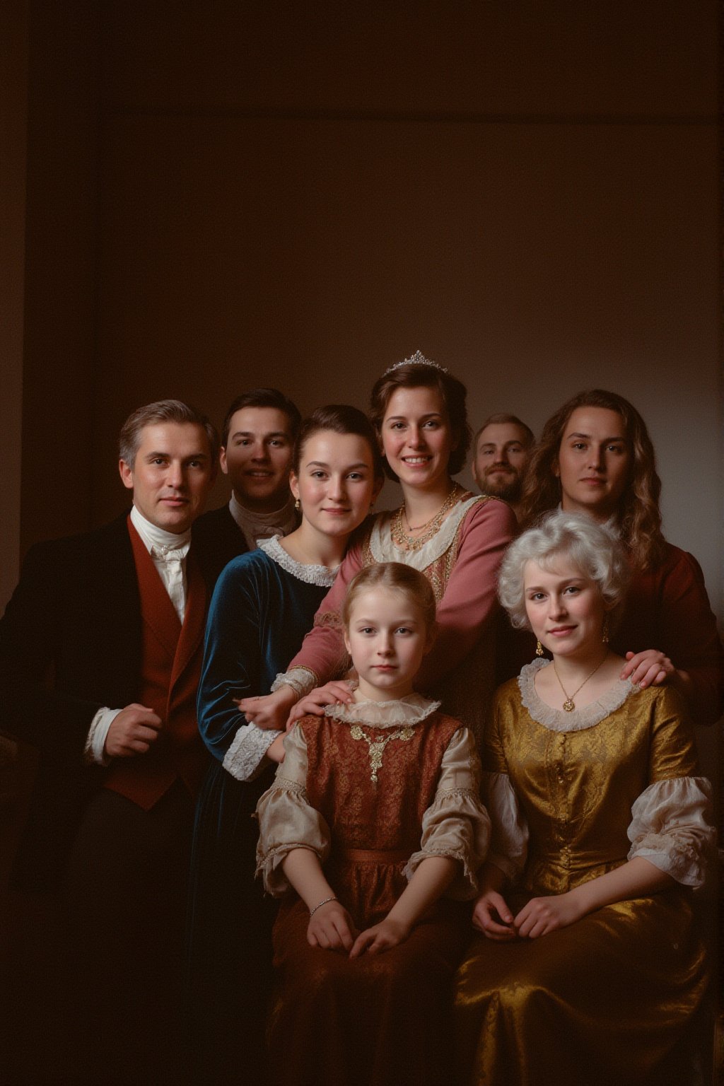 A 1770s photo of a french comfortable and prosperous bourgeois family, gathered in their townhouse or countryside estate, They dress in high-quality and elegant attire, showcasing their social status, Rich and luxurious colors adorn their clothing and surroundings, reflecting their financial stability and appreciation for the finer things in life.

. The warm, soft lighting accentuates everyone's  features, giving the photograph a timeless, ethereal quality.,perfect eyes,skin blemish,detailed skin, flfmt