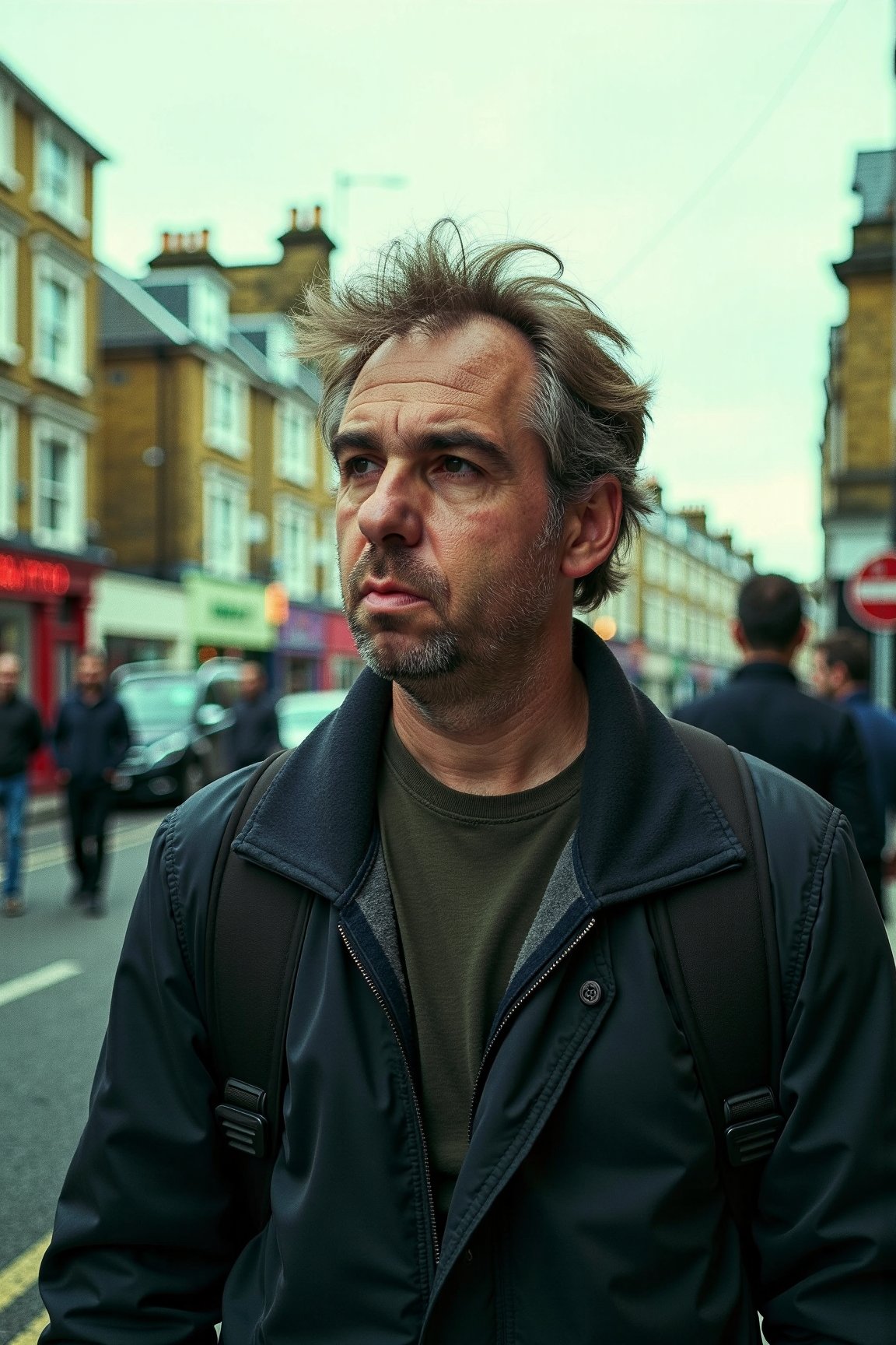 Photo of tmhrmns, A RAW candid cinema-style photograph shot on 16mm film, color graded to evoke the rich tones of Portra 400. Natural portrait aesthetic, muted skin tones, true-to-life coloration,
Soft contrast, visible skin texture, reduced brightness and saturation,
The guy is walking on the streets of London. The color palette blends light cyan and light bronze hues, giving the scene a surreal yet warm glow. His skin, ultra-realistic with visible texture, shows detailed pupils, fine lines, and subtle skin fuzz, alongside hints of dry skin. 