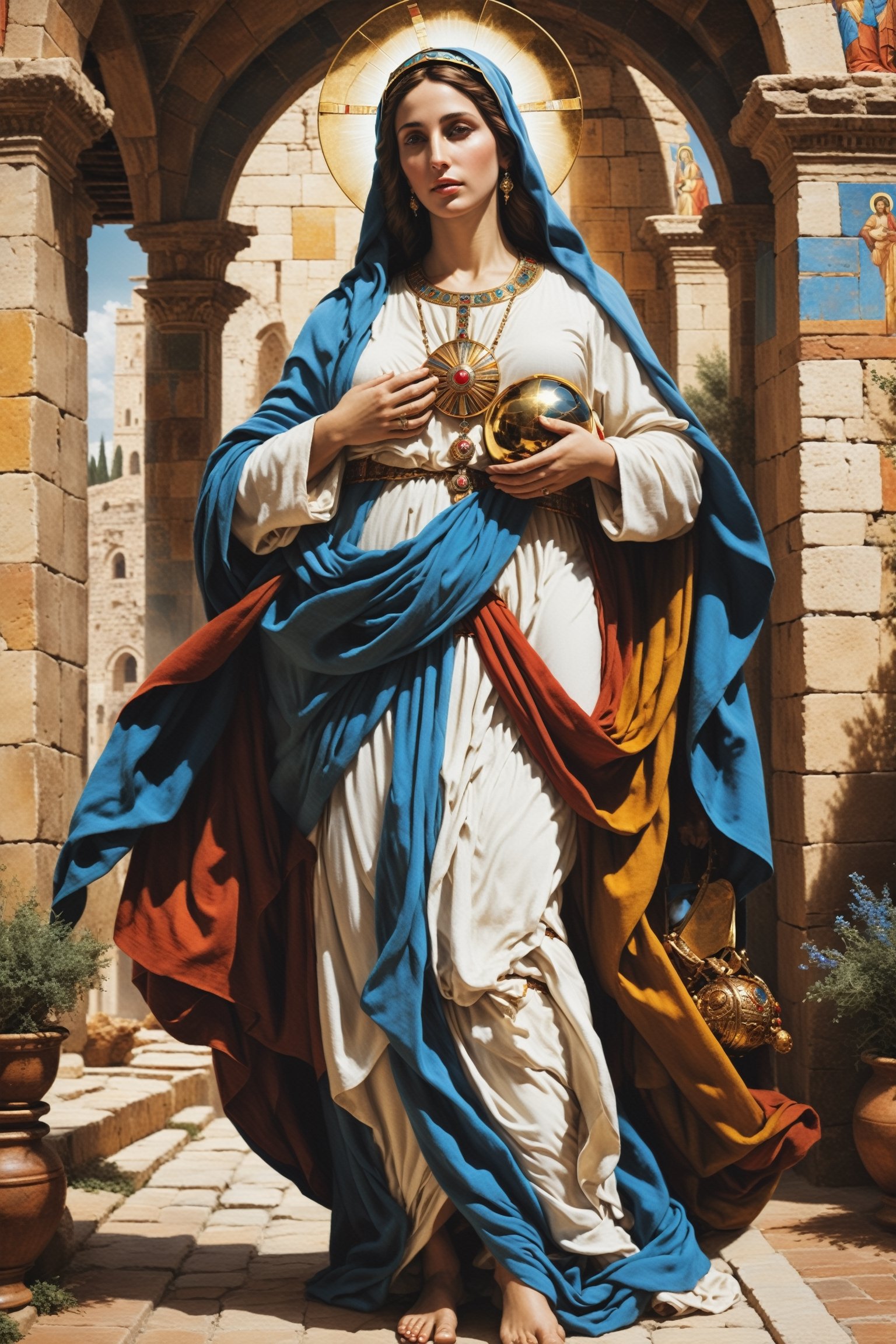 ((Mary)) mother of Jesus at first century, wearing ancient Israelite garment and accesories, (RAW photo, best quality), (realistic, photo-Realistic:1.3), best quality, masterpiece, beautiful and aesthetic, 16K, (HDR:1.4), high contrast, (vibrant color:1.4), (muted colors, dim colors, soothing tones:0), Exquisite details and textures, cinematic shot, (((wide shot))), ((establishing shot)), (full body), Warm tone, (Bright and intense:1.2), wide shot, ultra realistic illustration, siena natural ratio,
Art by greg rutkowski and raphael lacoste,
Perfect anatomy, centered, approaching perfection, stunning, something that even doesn't exist, mythical being, energy, molecular, textures, pure perfection, divine presence, unforgettable, impressive, auras, fullbody:1.1, fullbody shot,photo r3al