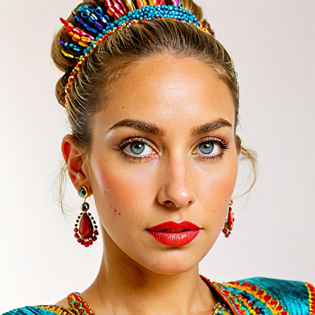 Medium frontal shot of a Mexican flamenco dancer, 29 years old, exuding a fiery passion and grace, with a sharp, intense face, highlighted in the (left side of the frame). , white background, 27 years old, hair bun, big round blue eyes, light brown hair color, blonde, round face, very thin lips
,PORTRAIT PHOTO

Aligned eyes, Iridescent Eyes, (blush, eye_wrinkles:0.6), (goosebumps:0.5), subsurface scattering, ((skin pores)), detailed skin texture, textured skin, realistic dull skin noise, visible skin detail, skin fuzz, dry skin, hyperdetailed face, sharp picture, sharp detailed, analog grainy photo vintage, Rembrandt lighting, ultra focus, illuminated face, detailed face, 8k resolution