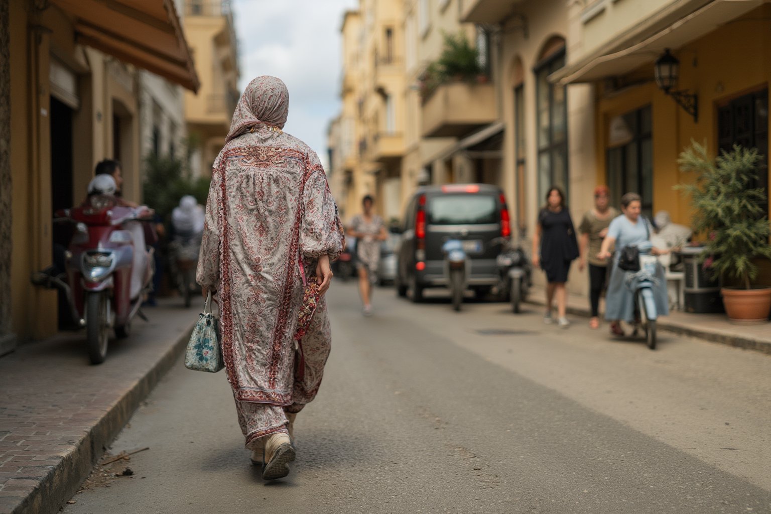 Photography in (steve mccurry style), a stereotypical greek woman, classic clothes,  cultural portrait, emotive humane photography, rich colors, analog film, film grain, kodachrome, intricate details, insanely detailed, natural lighting, 8k, hdr, masterpiece, award winning photography, Fine art photography style, film photography style. ((Very wide view, walking on the street in Greece, ((not noticing the camera)), some people and cars, pedestrians, or cyclists in background)). Very sharp overall, very high depth of field. High dof.
The overall composition is a photo of every day life. flfmt
