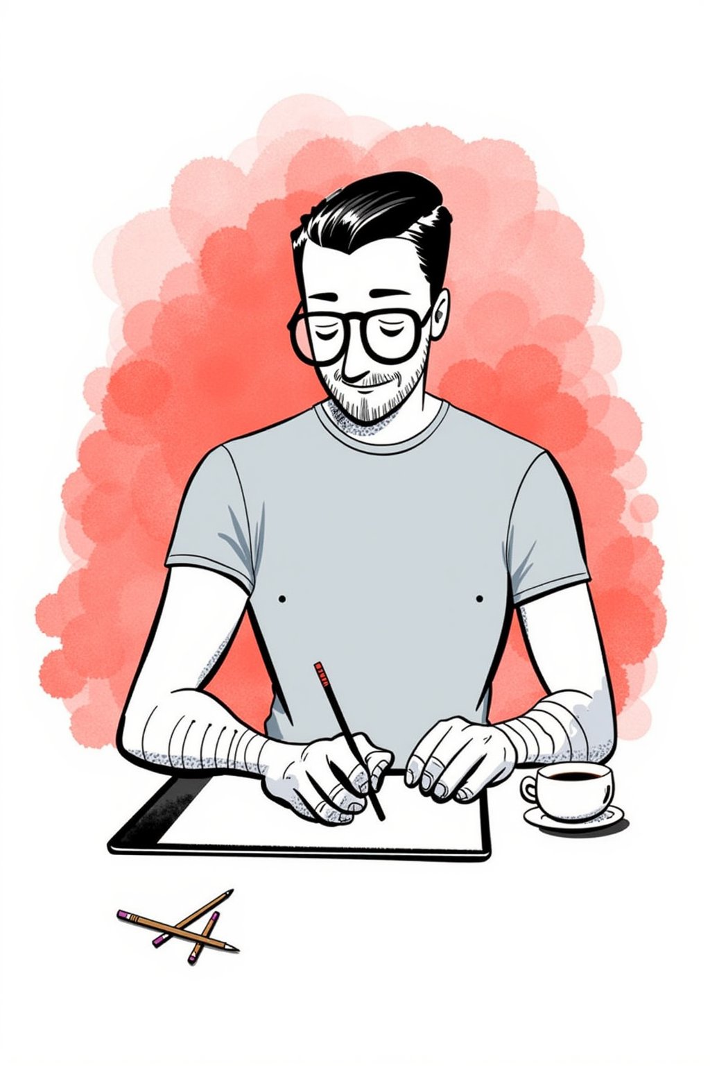 An editorial illustration of a guy dressed in a casual but chic outfit, sitting at his desk sketching on a large tablet. his brow is furrowed in concentration, fingers gliding smoothly across the screen.

Appearance:
The man wears a trendy tight t-shirt and jeans. He has a pair of stylish round dark-framed glasses perched on his nose, his body language absorbed in his work.

Setting:
A minimalist workspace with abstract lines suggesting the desk and tablet, scattered pencils and coffee mug on the side.

Mood:
Focused and calm, with a creative energy reflected in the soft lighting and pastel hues.

Era:
Contemporary.

Perspective:
Over-the-shoulder view, focusing on the tablet screen as He draws.

Background:
Chaotic painted blob in pale red watercolor, with monochrome soft tints color palette.


. Style of satoshi hashimoto, satomic.